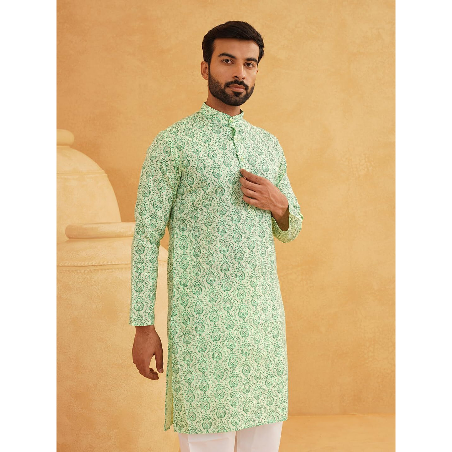 Sojanya (Since 1958 Men's Cotton Blend Pista Green Printed Only Long Kurta Size38