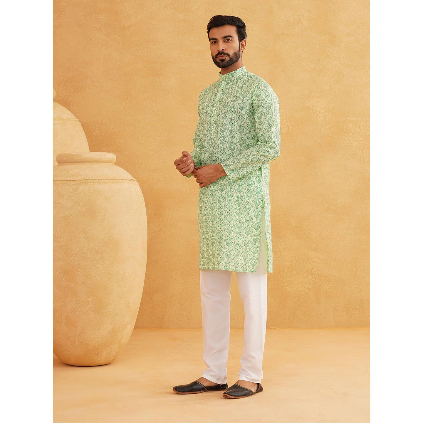 Sojanya (Since 1958 Men's Cotton Blend Pista Green Printed Only Long Kurta Size38