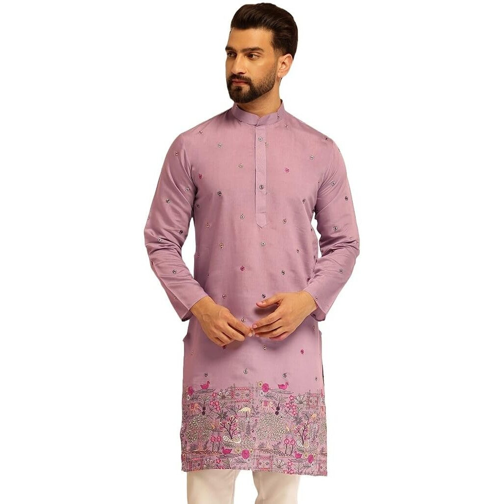 Sojanya (Since 1958 Men's Cotton Silk Daman Embroidered Purple Long Kurta