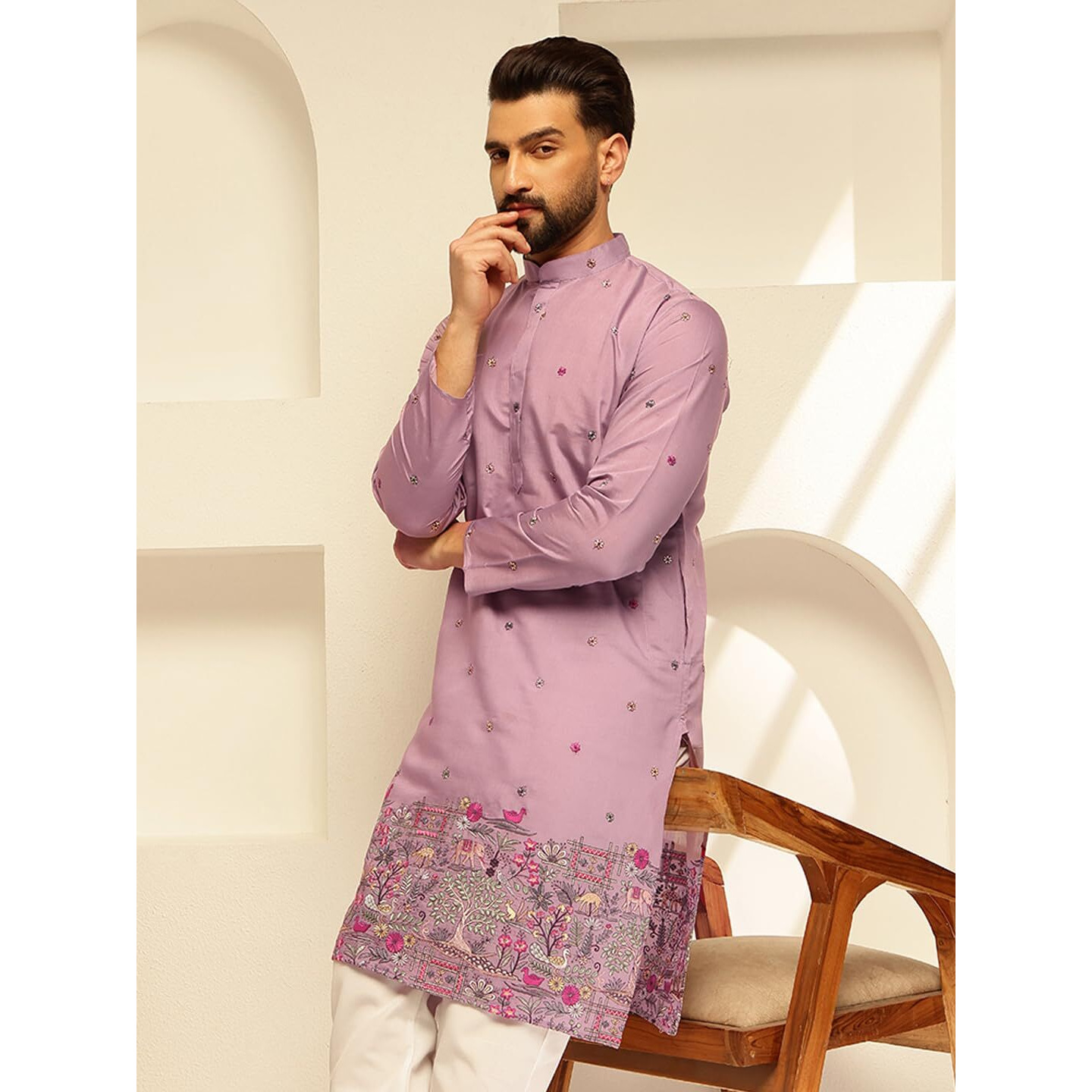 Sojanya (Since 1958 Men's Cotton Silk Daman Embroidered Purple Long Kurta
