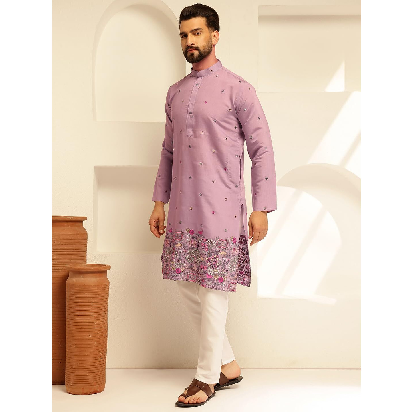 Sojanya (Since 1958 Men's Cotton Silk Daman Embroidered Purple Long Kurta