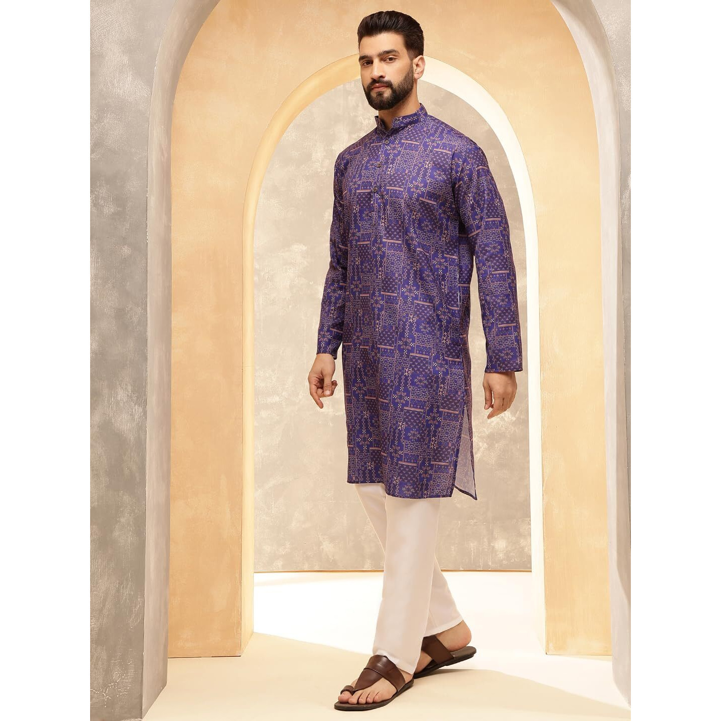 Sojanya (Since 1958 Men's Cotton Linen Geometric Printed Purple Kurta With White Pyjama