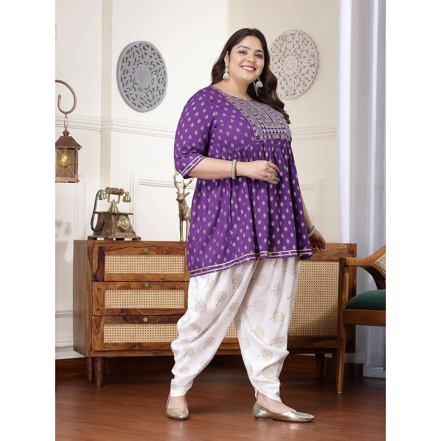 Stylum Plus Size Women Printed & Embroidered Rayon Kurti With Dhoti Pant (Kdvoilmahiplus48_Violet, 4Xl)