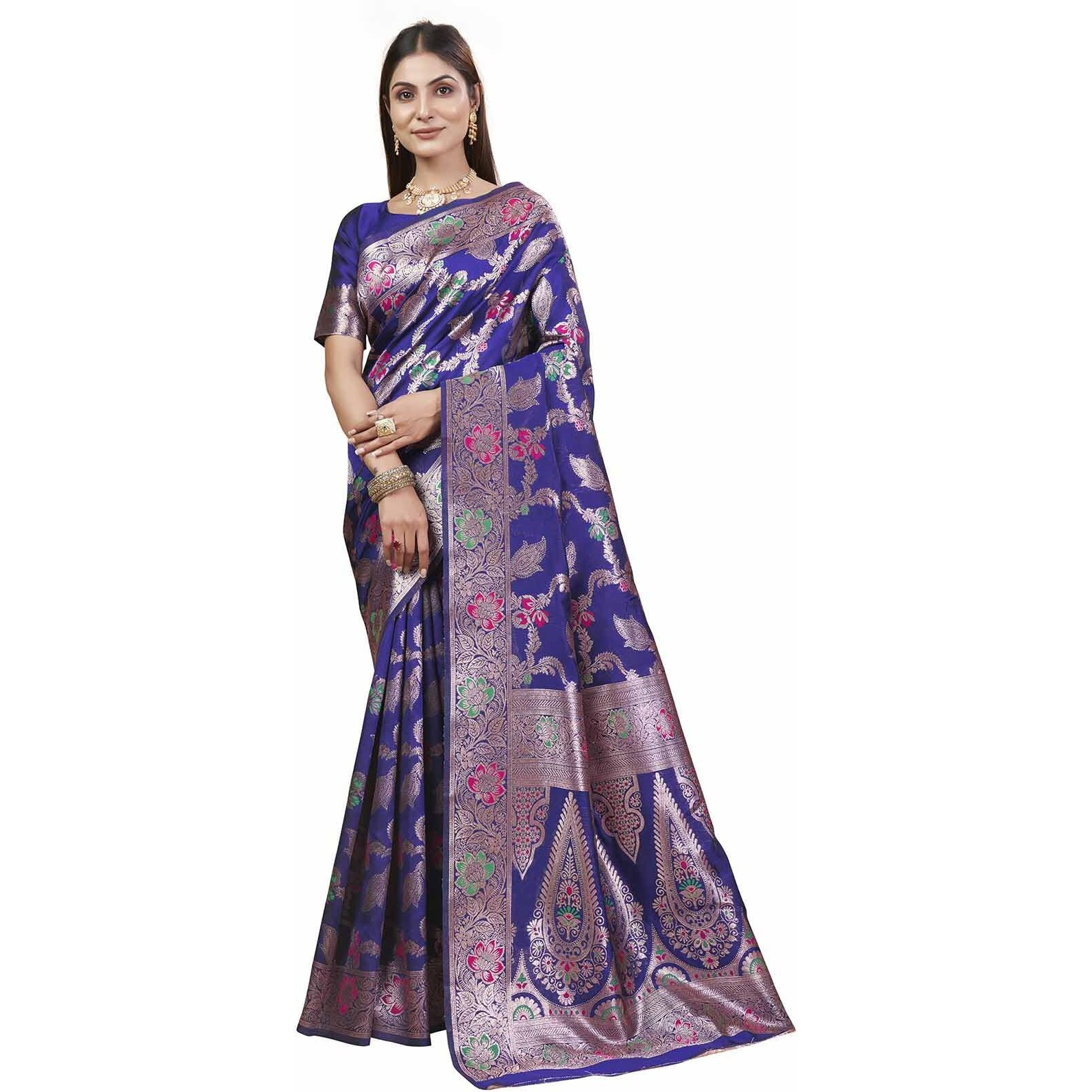 Sugathari Women's Navy Blue Kanjivaram Banarasi Silk Saree For Patola Festival Wedding Silk With Rich Pallu Design Sarees For Women With Blouse Piece (San Jm 5 N Blue)