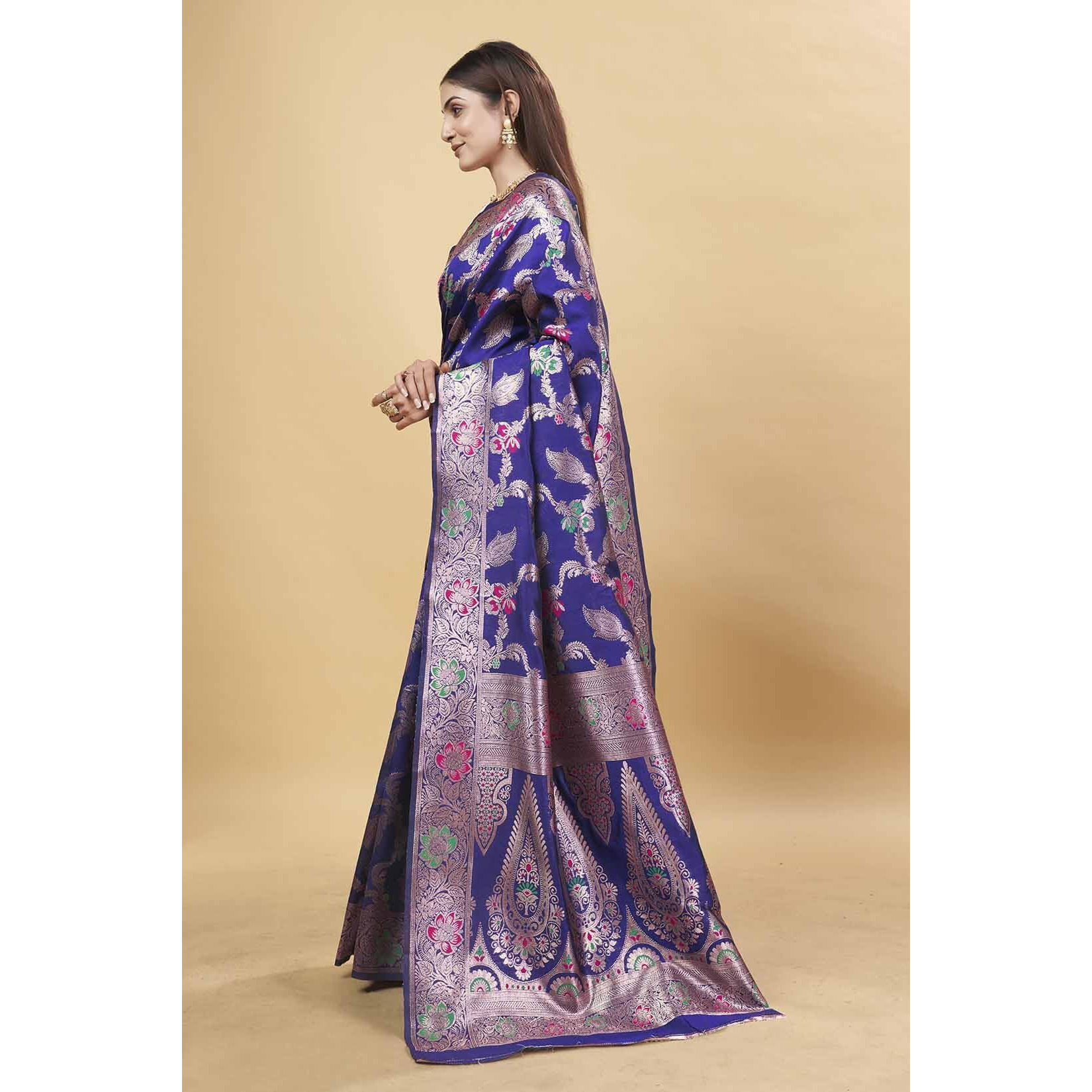 Sugathari Women's Navy Blue Kanjivaram Banarasi Silk Saree For Patola Festival Wedding Silk With Rich Pallu Design Sarees For Women With Blouse Piece (San Jm 5 N Blue)