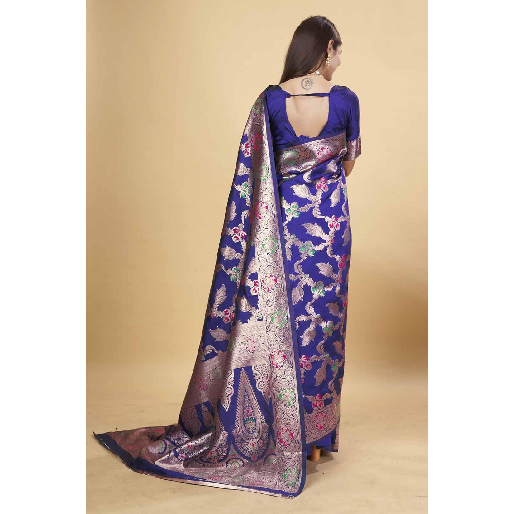 Sugathari Women's Navy Blue Kanjivaram Banarasi Silk Saree For Patola Festival Wedding Silk With Rich Pallu Design Sarees For Women With Blouse Piece (San Jm 5 N Blue)