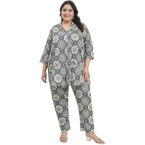 Tissu Women's Plus Size Pure Cotton Multicolor Printed Tunic With Trouser Co-Ord Set (750_Multi_4Xl)