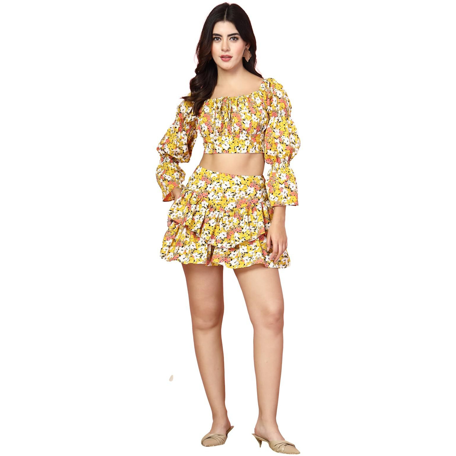 Oomph Crepe Top And Skort Set For Women, Yellow - Coord_Mt868Msk154