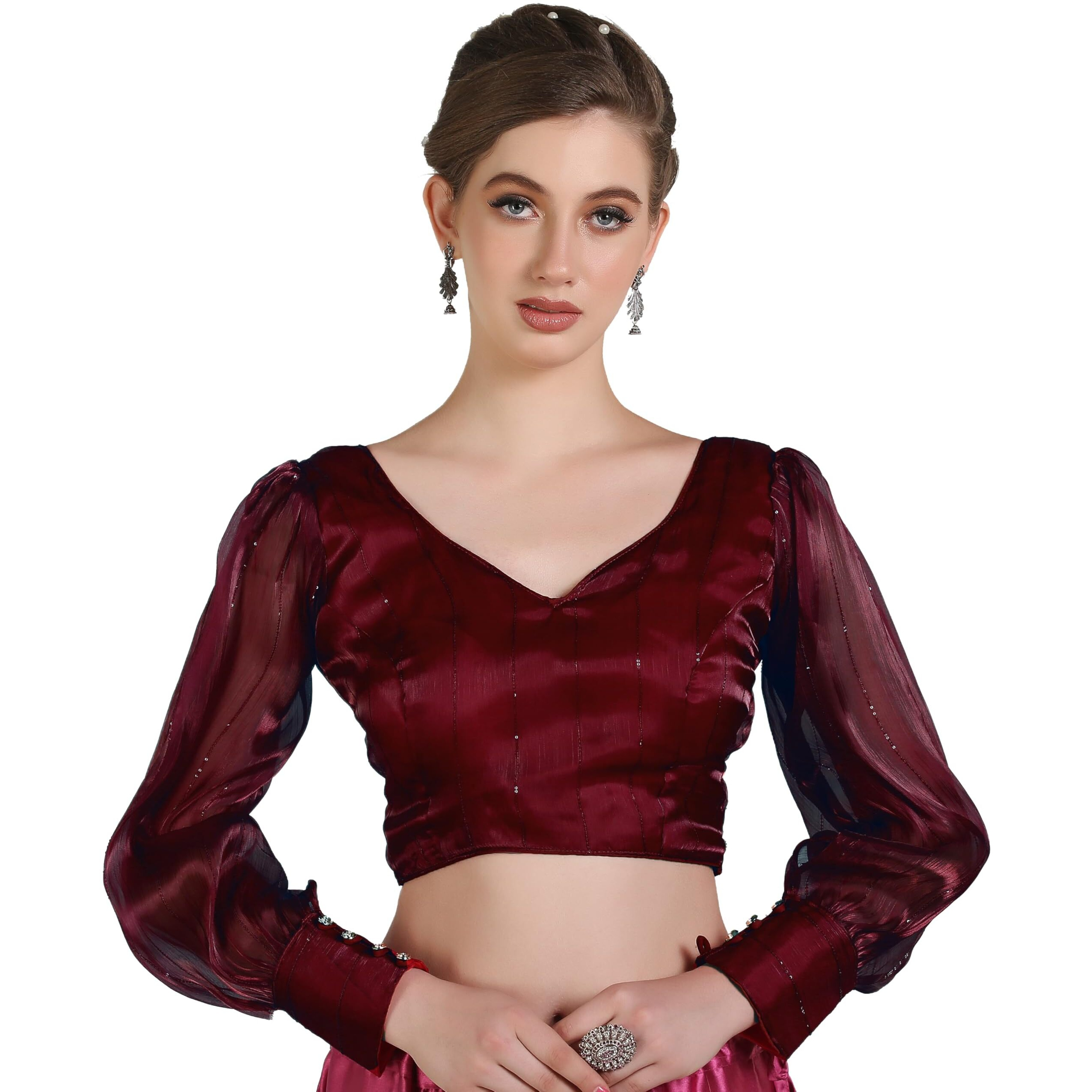 Pujia Mills Woman Wine Designer Zimi Chu Slub Shining Material With Sequnace Work Blouse