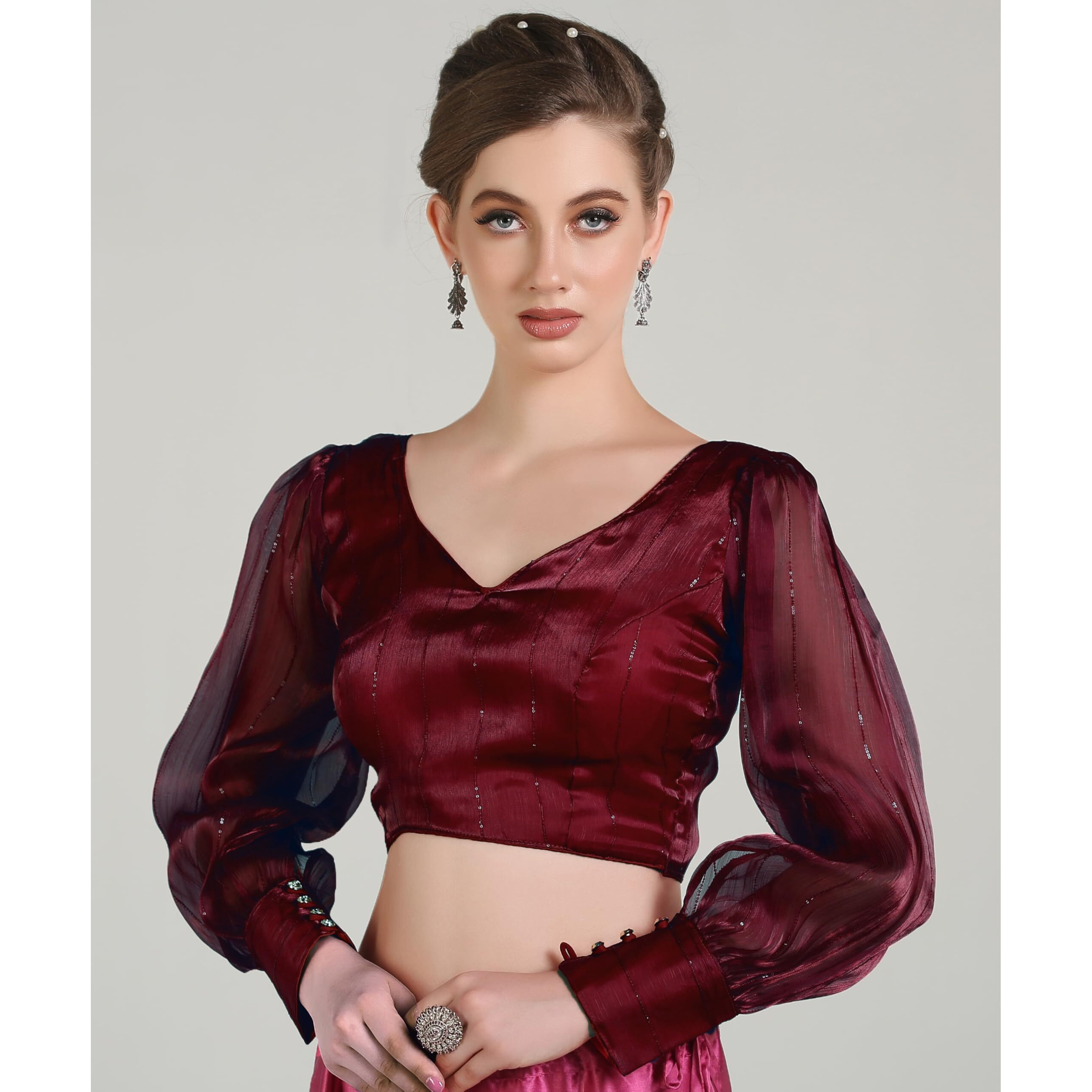 Pujia Mills Woman Wine Designer Zimi Chu Slub Shining Material With Sequnace Work Blouse
