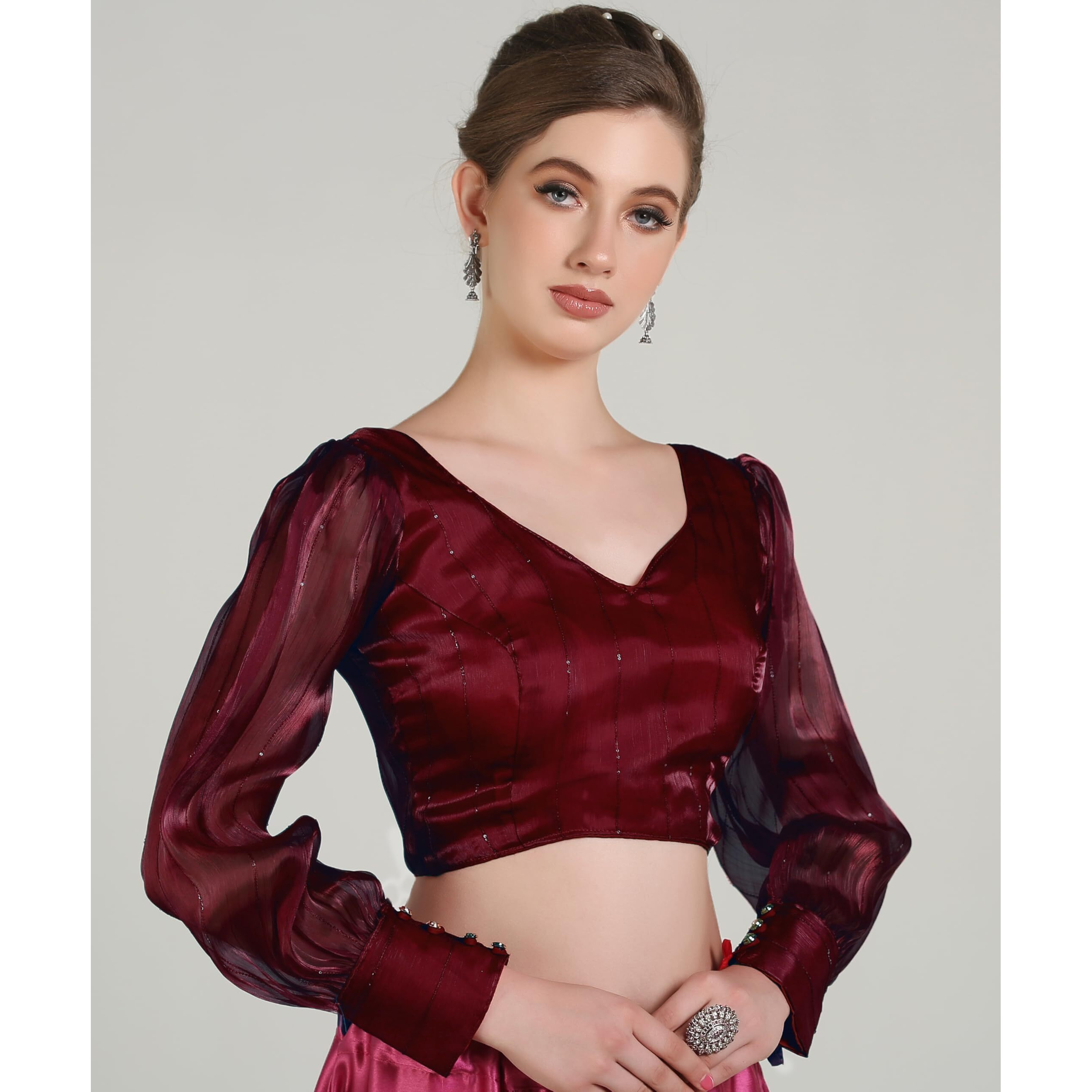 Pujia Mills Woman Wine Designer Zimi Chu Slub Shining Material With Sequnace Work Blouse