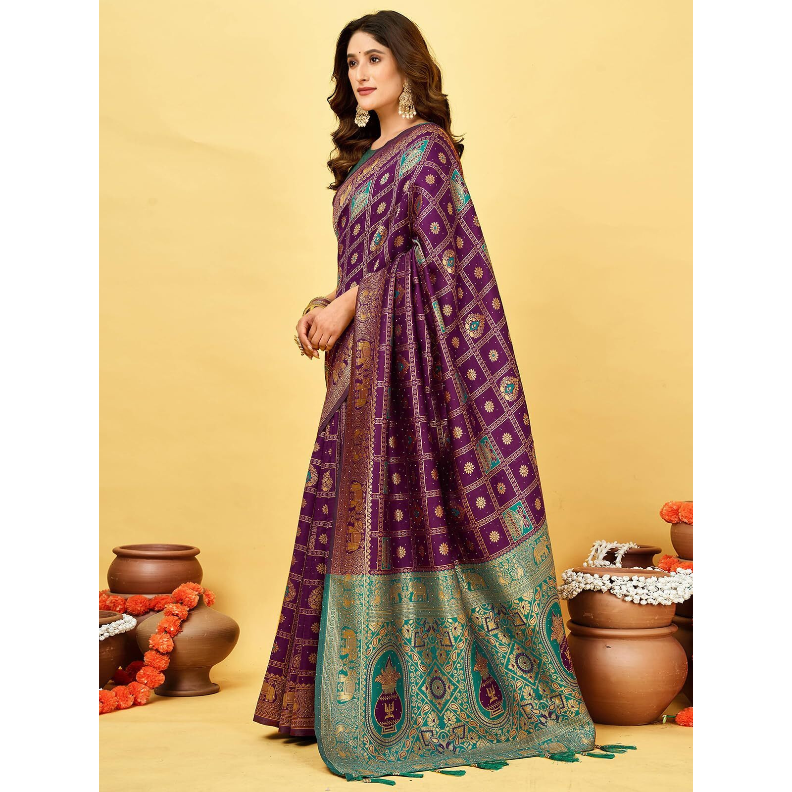 Satrani Women's Banarasi Silk Weaving Stone Work Saree With Unstitched Blouse Piece (4245S6693N_Dark Purple)