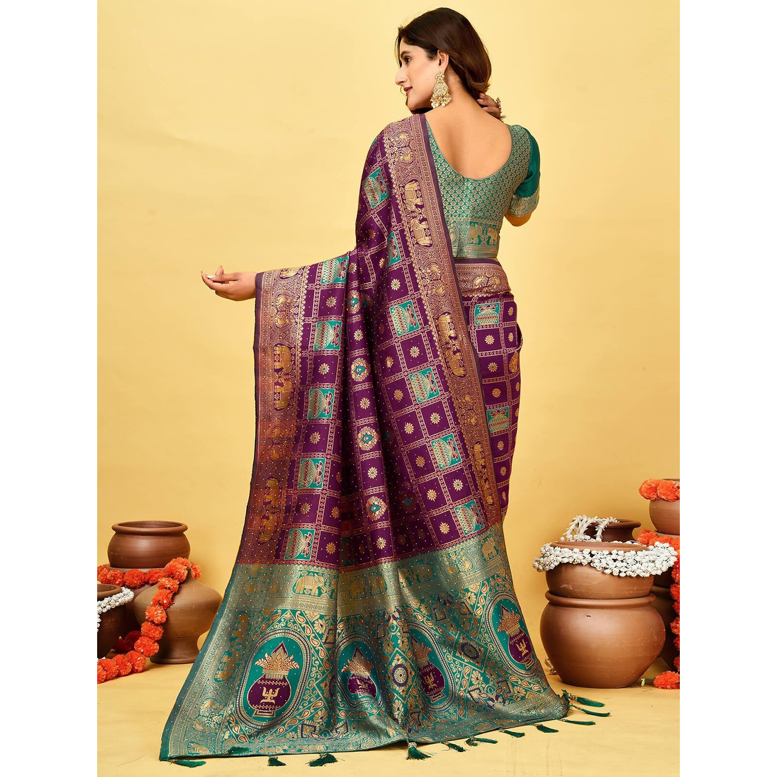 Satrani Women's Banarasi Silk Weaving Stone Work Saree With Unstitched Blouse Piece (4245S6693N_Dark Purple)