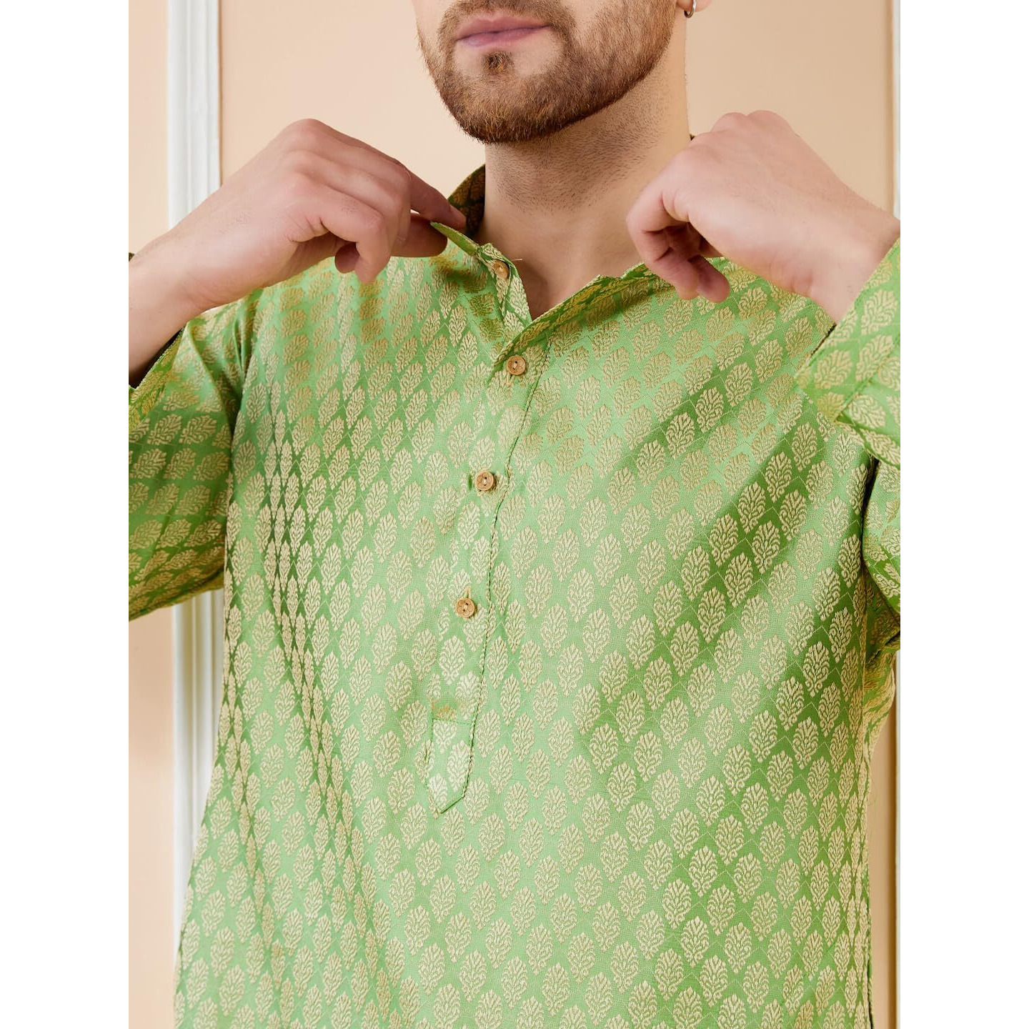 See Designs Men Full Sleeve Sleeve Side Slit Mandarin Collar Green Ethnic Motifs Silk Jacquard Woven Design Straight Kurta With Pyjama - Bnrskt72601L