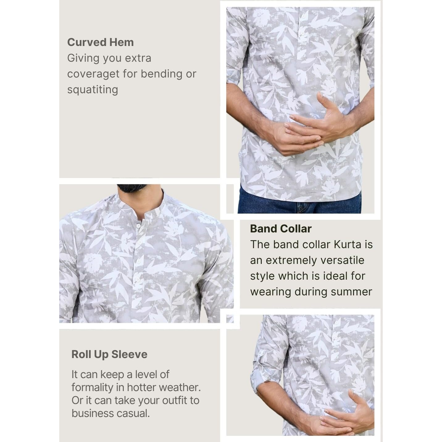 See Designs Men's Roll-Up Sleeve Mandarin Collar Light Gray Tropical Printed Rayon Short Kurta - Sdkt2939L