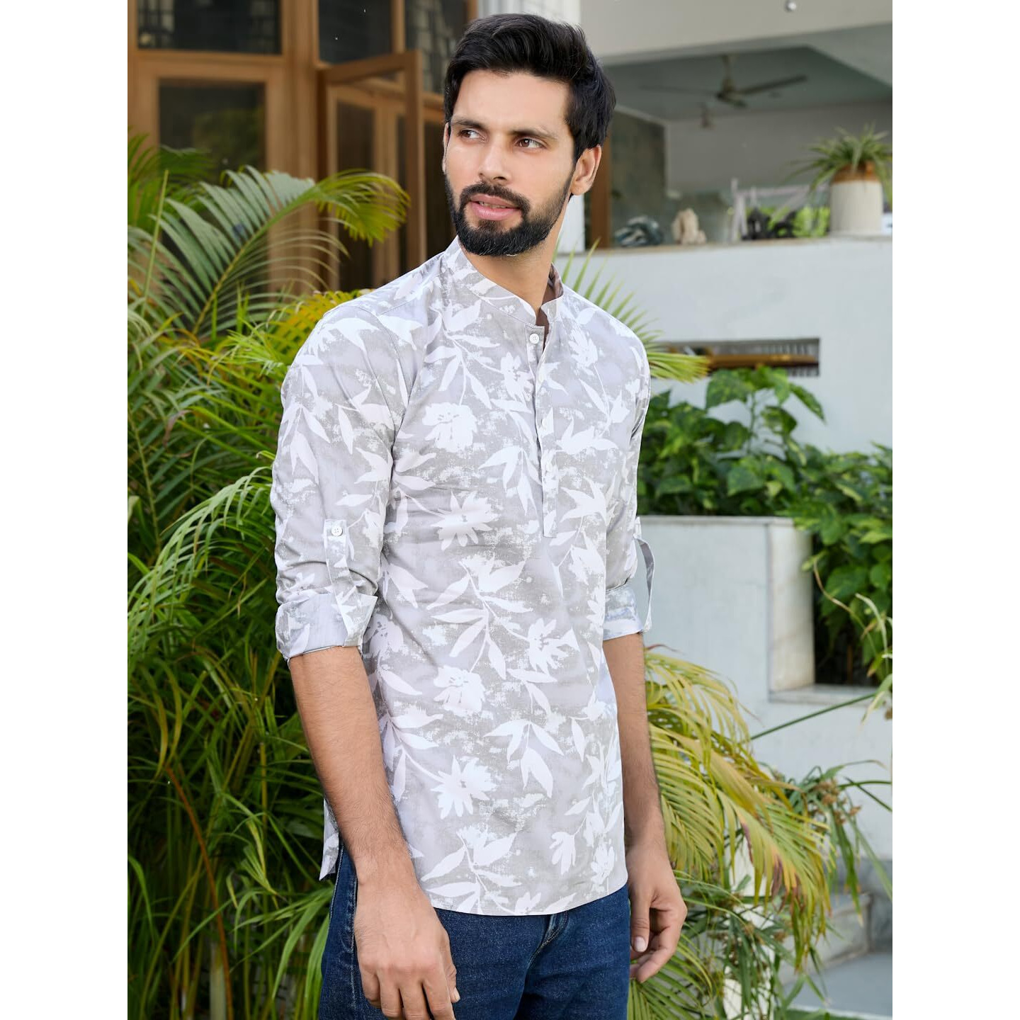 See Designs Men's Roll-Up Sleeve Mandarin Collar Light Gray Tropical Printed Rayon Short Kurta - Sdkt2939L