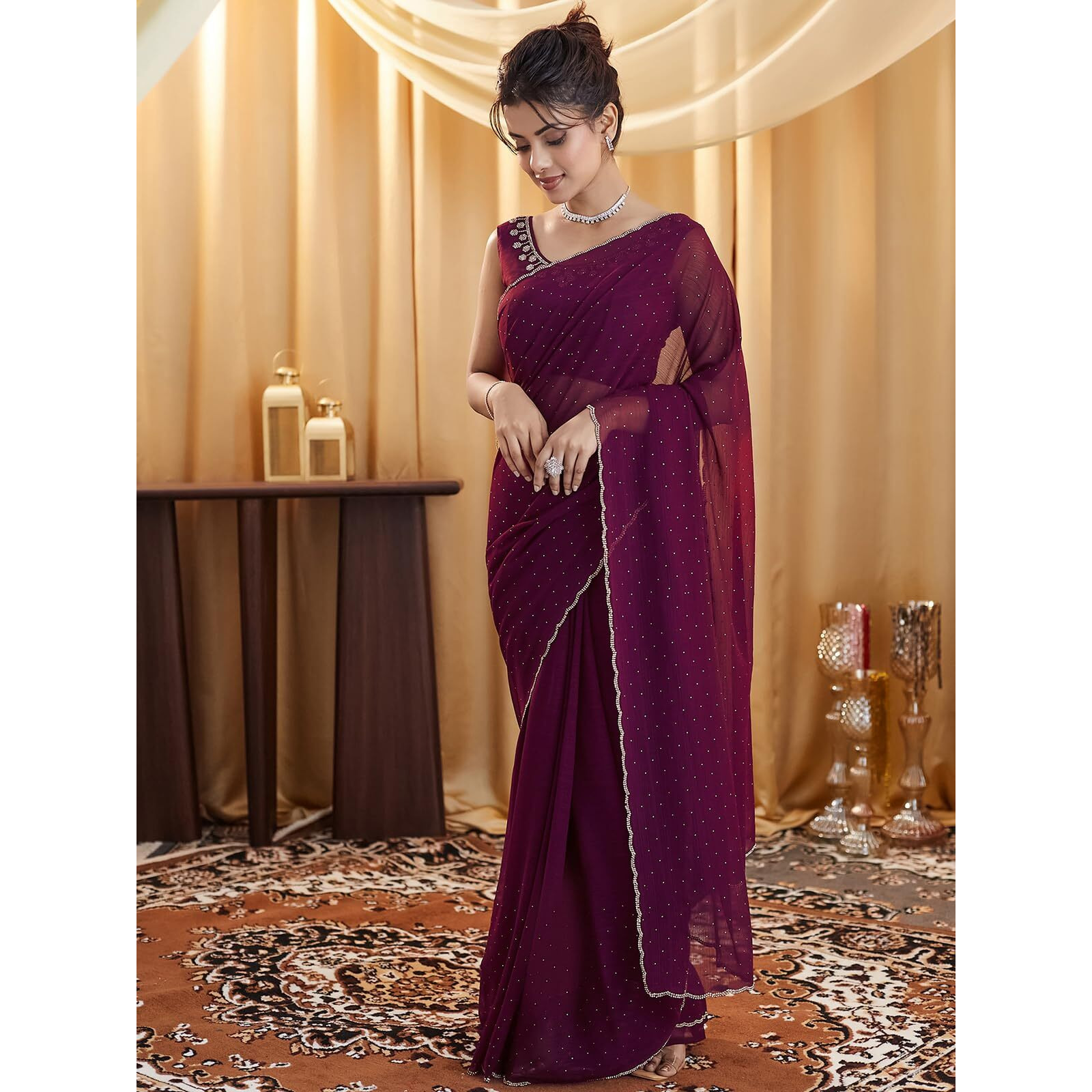 Satrani Women's Georgette Stone Work Saree With Unstitched Blouse Piece (4021S596N_Wine & Golden)