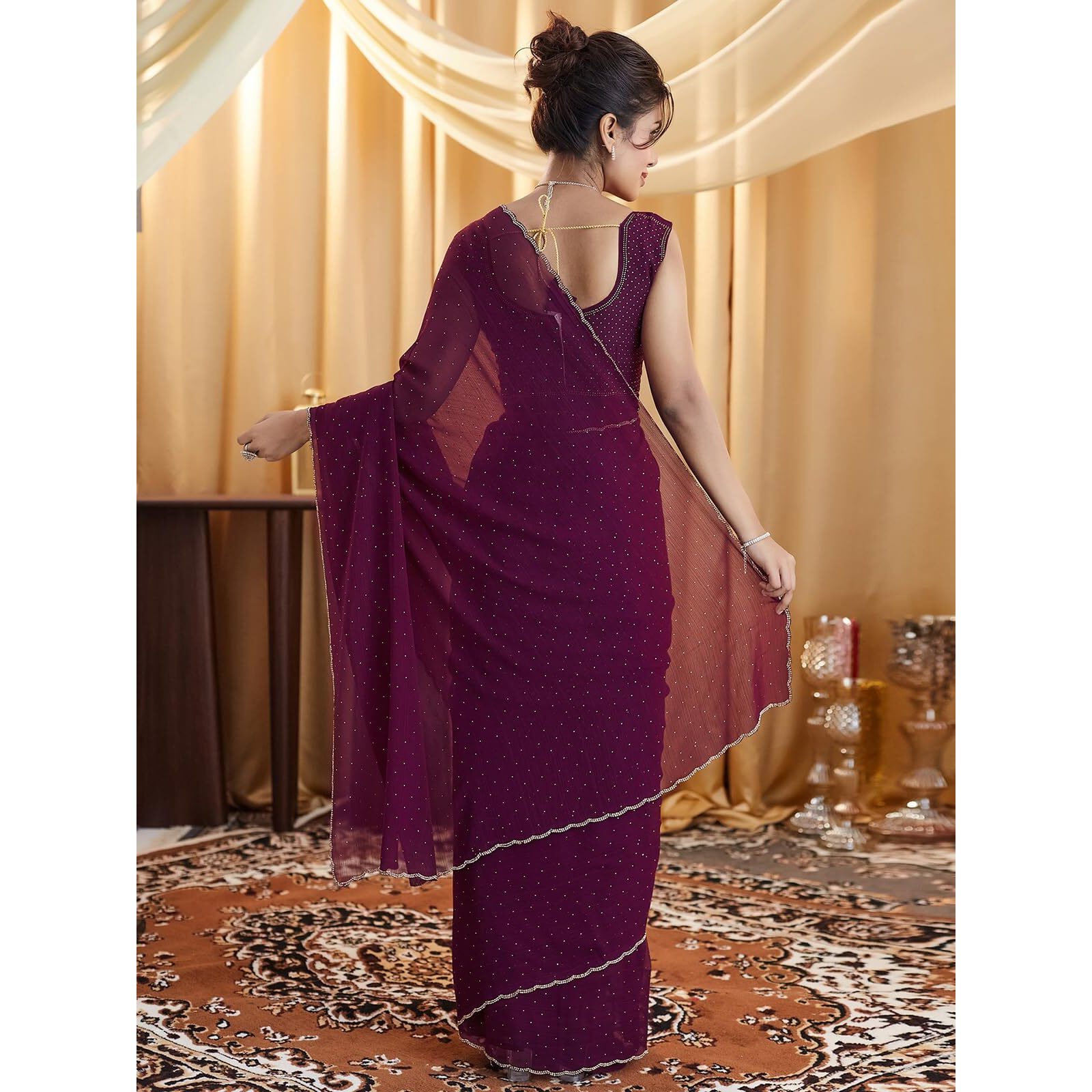 Satrani Women's Georgette Stone Work Saree With Unstitched Blouse Piece (4021S596N_Wine & Golden)