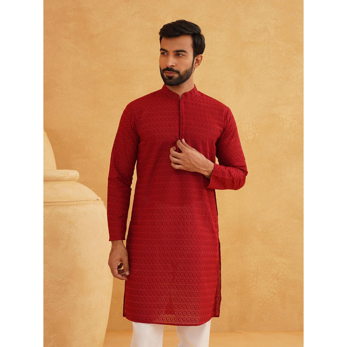 Sojanya (Since 1958 Men's Pure Cotton Chikankari Embroidered Maroon Straight Long Kurta