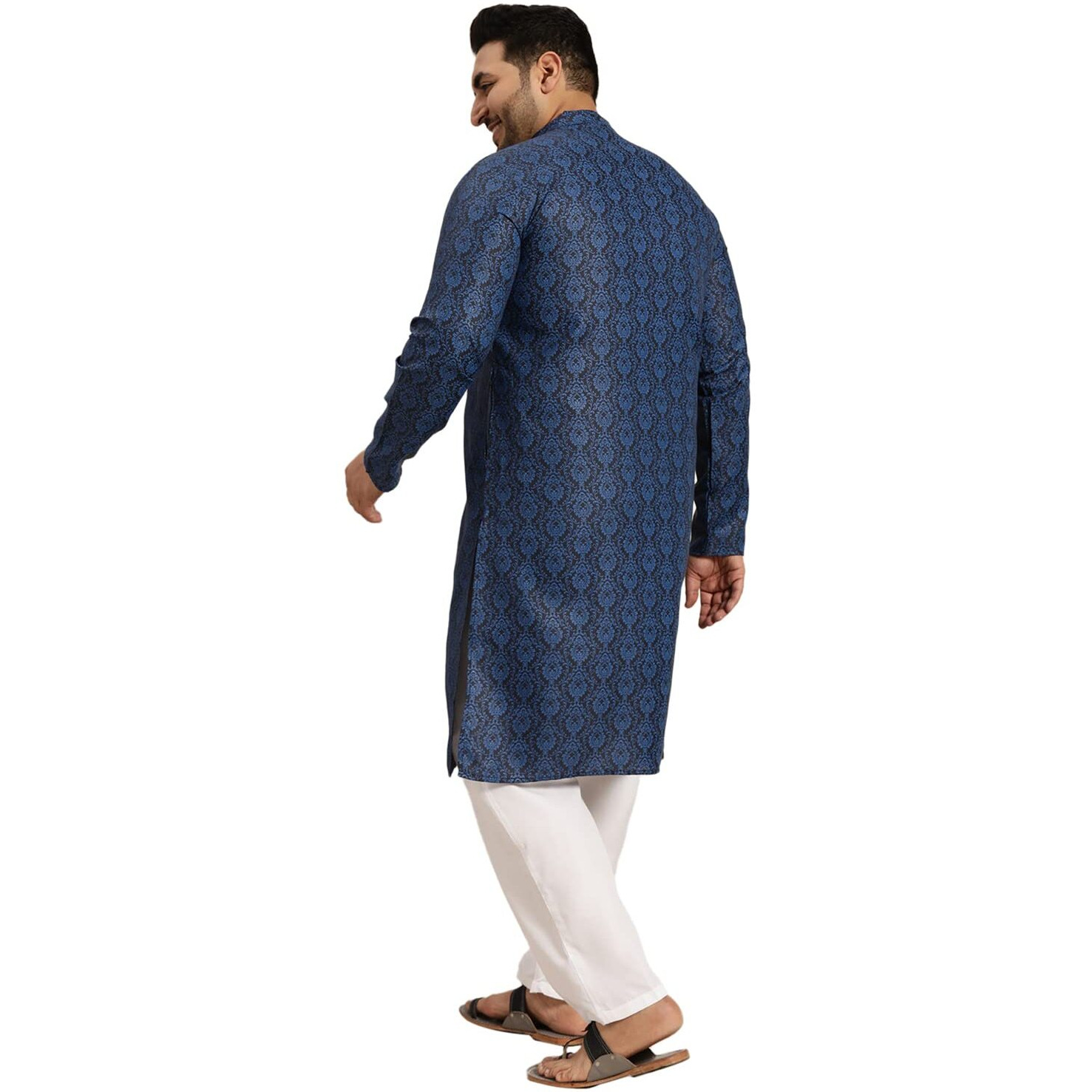Sojanya Plus (Since 1958) Men's Cotton Blend Navy Blue And Black Printed Kurta And White Pyjama Set