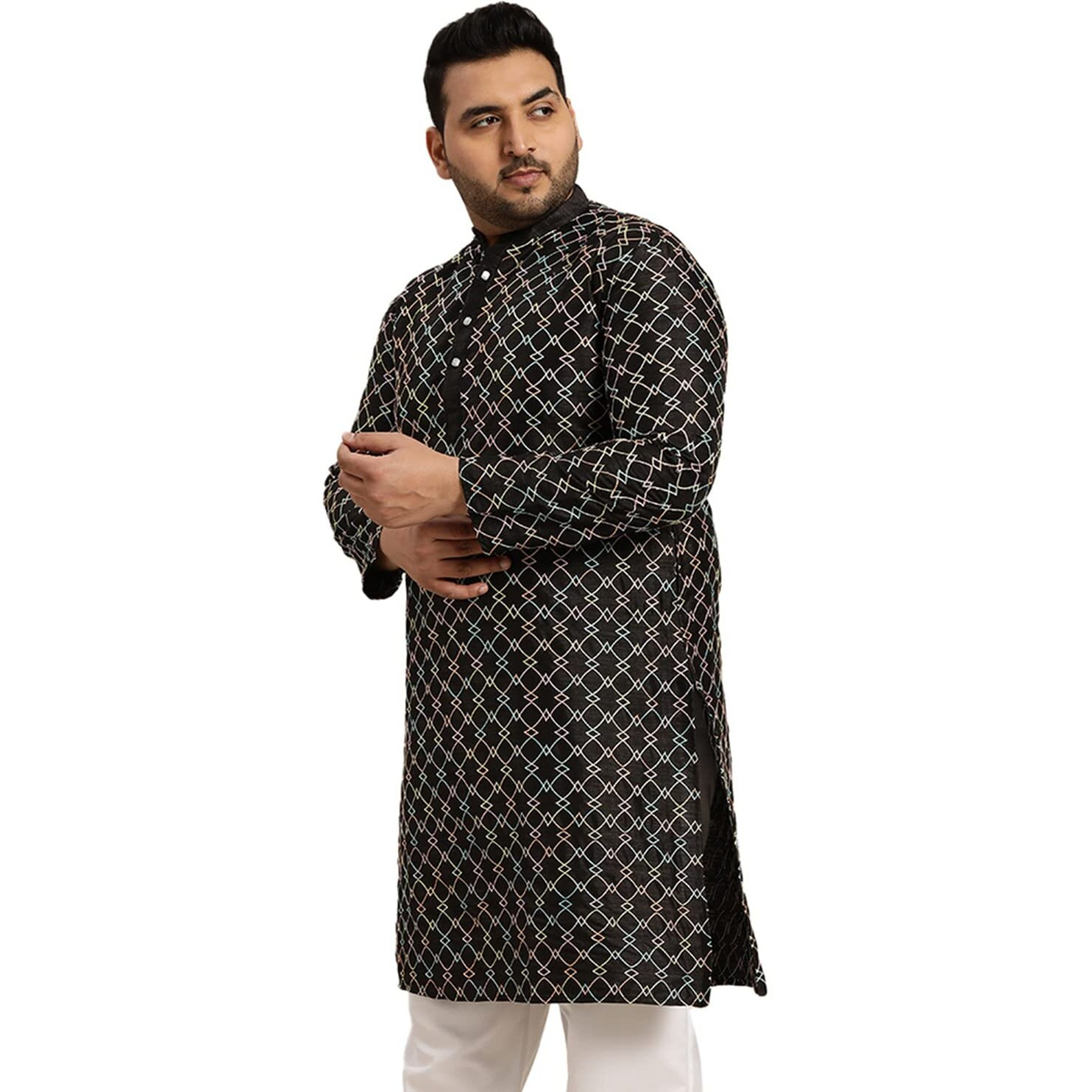 Sojanya Plus (Since 1958) Men's Black Silk Blend Long Kurta With Multi Color Embroidery