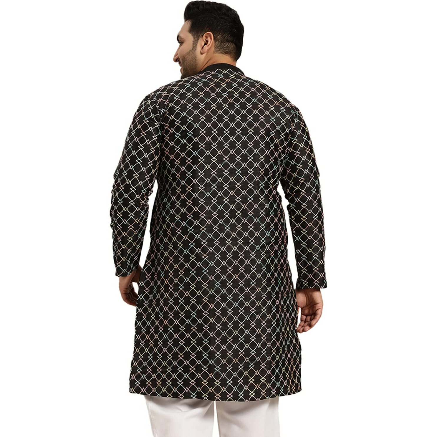 Sojanya Plus (Since 1958) Men's Black Silk Blend Long Kurta With Multi Color Embroidery