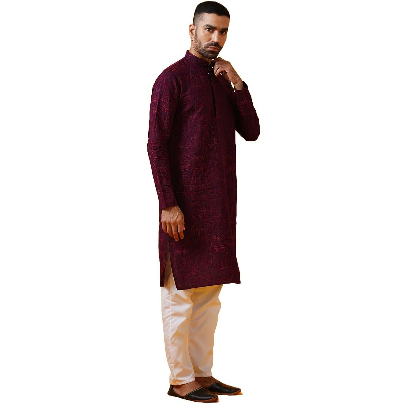 Sojanya (Since 1958 Men's Cotton Silk Kantha Thread Embroidered Wine Kurta With White Pyjama