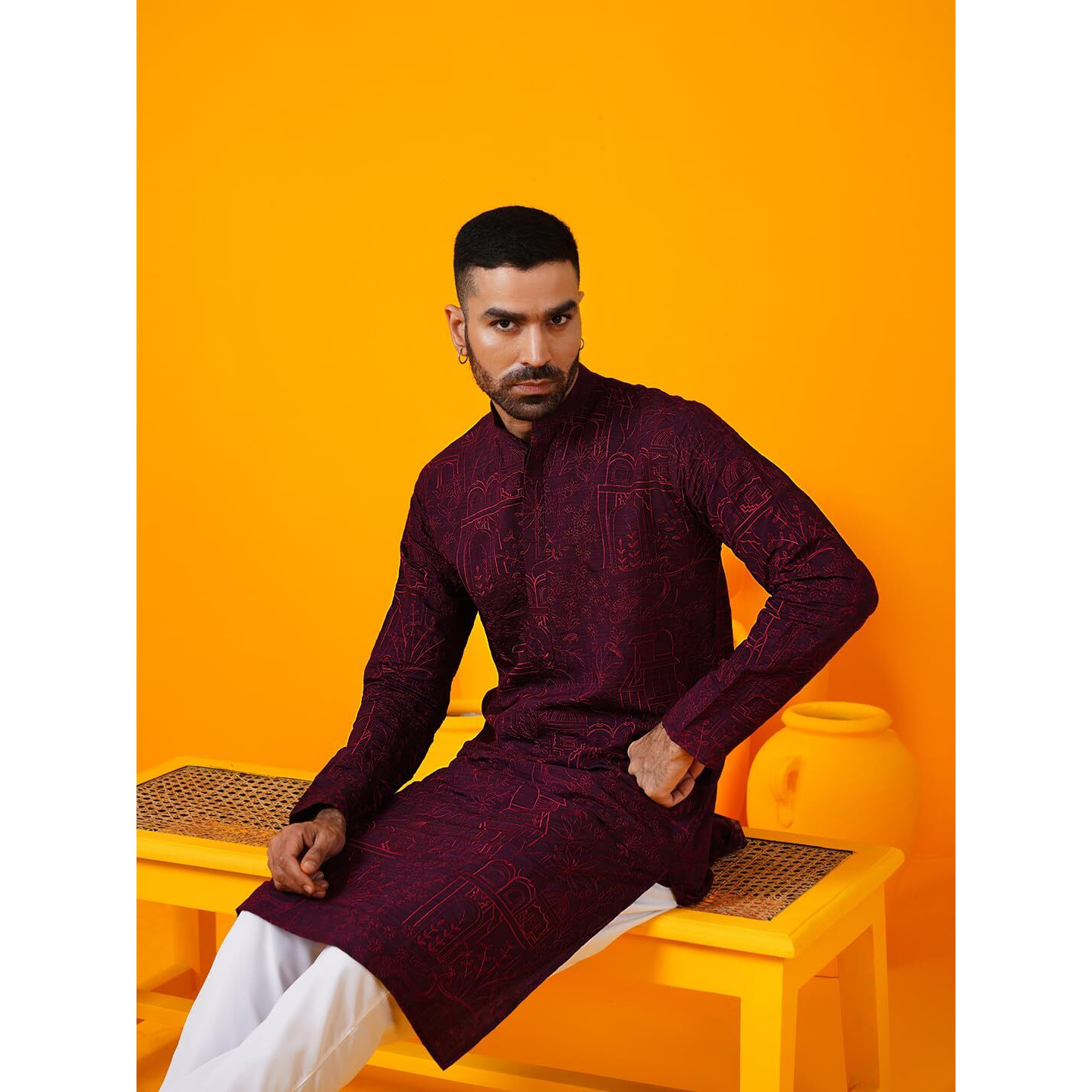 Sojanya (Since 1958 Men's Cotton Silk Kantha Thread Embroidered Wine Kurta With White Pyjama