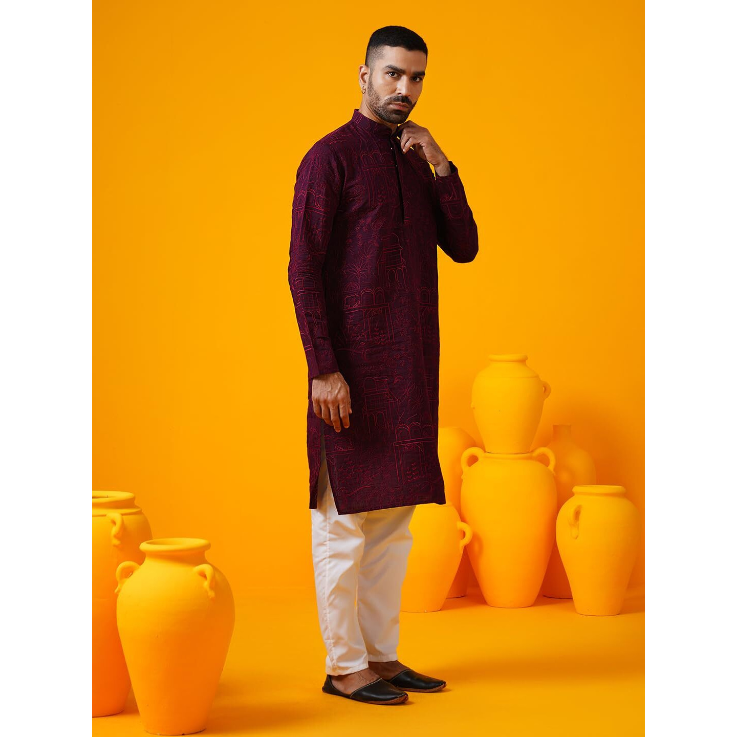 Sojanya (Since 1958 Men's Cotton Silk Kantha Thread Embroidered Wine Kurta With White Pyjama