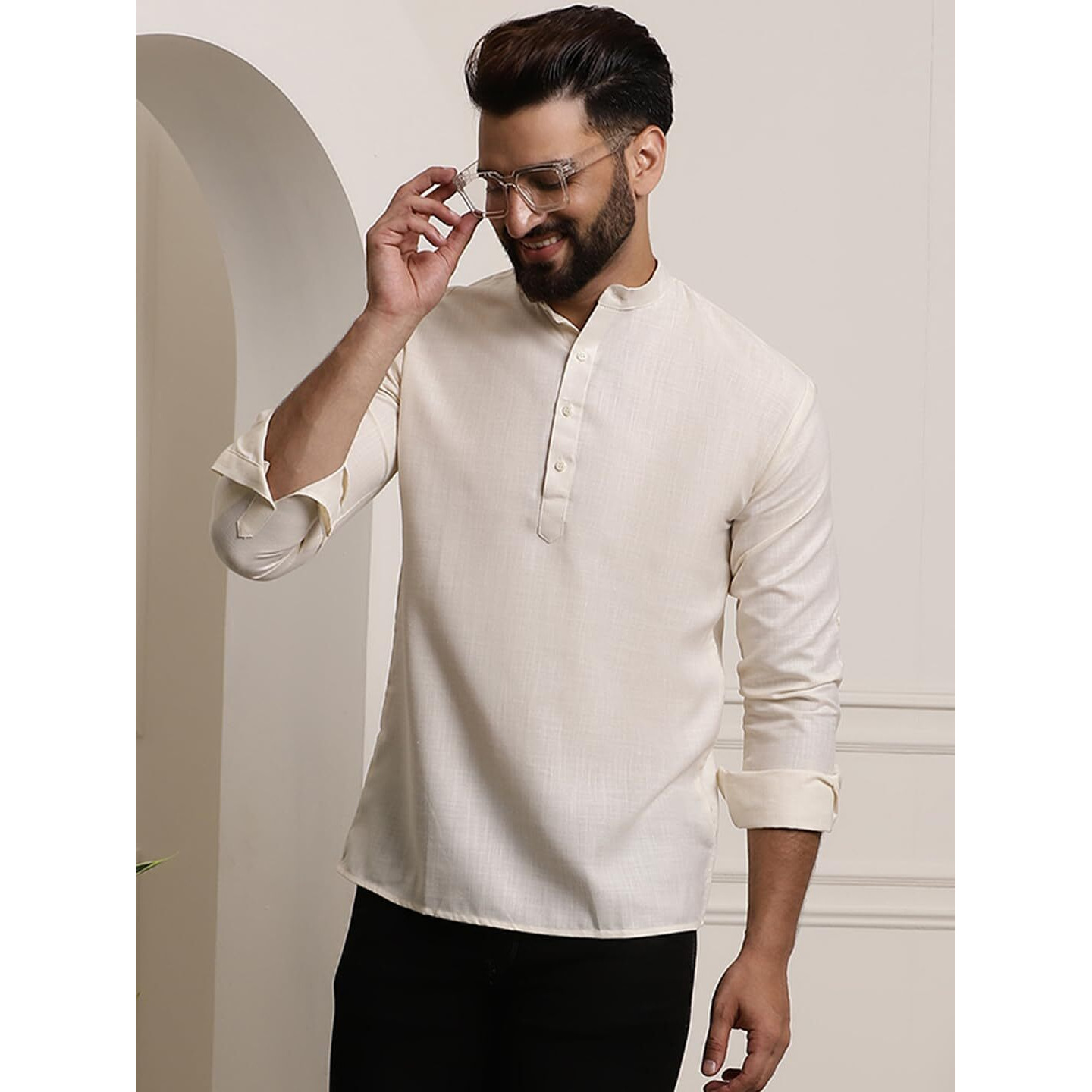 Sojanya (Since 1958, Men's Cotton Blend Cream Solid Only Short Kurta