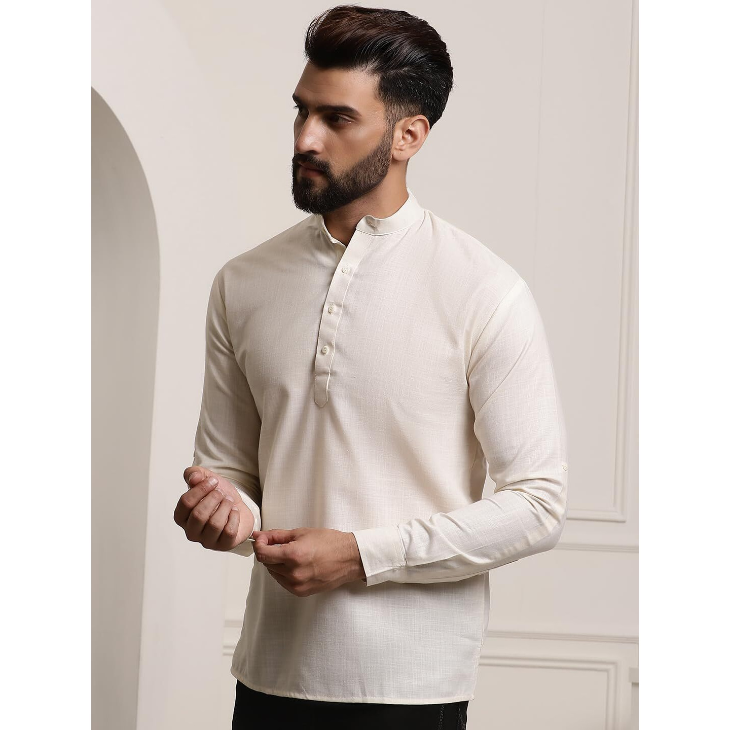 Sojanya (Since 1958, Men's Cotton Blend Cream Solid Only Short Kurta