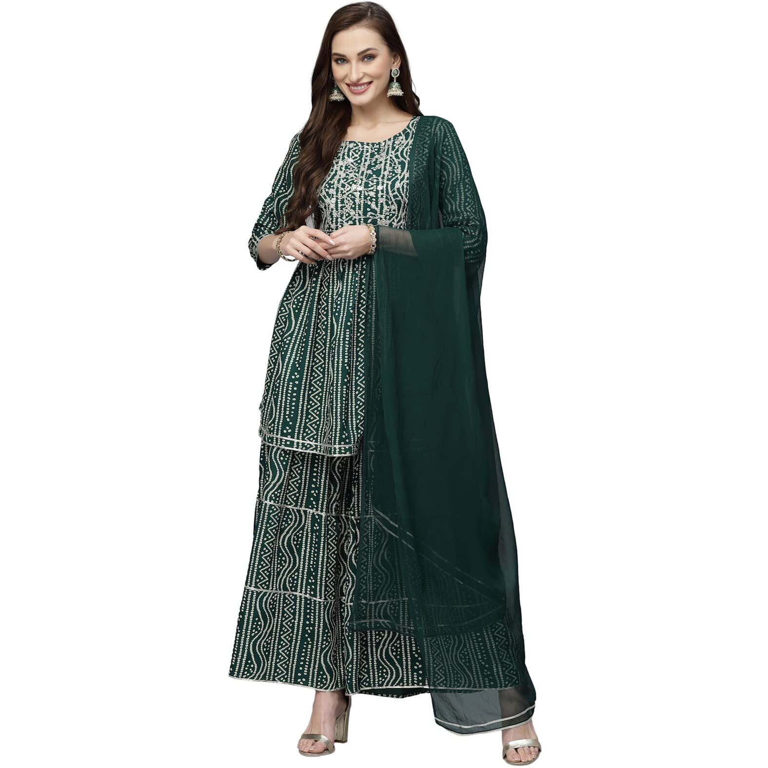 Stylum Women's Bandhej Printed & Embroidered Kurta Sharara Dupatta Set (Ksdgreenberry42_Green, Xl)