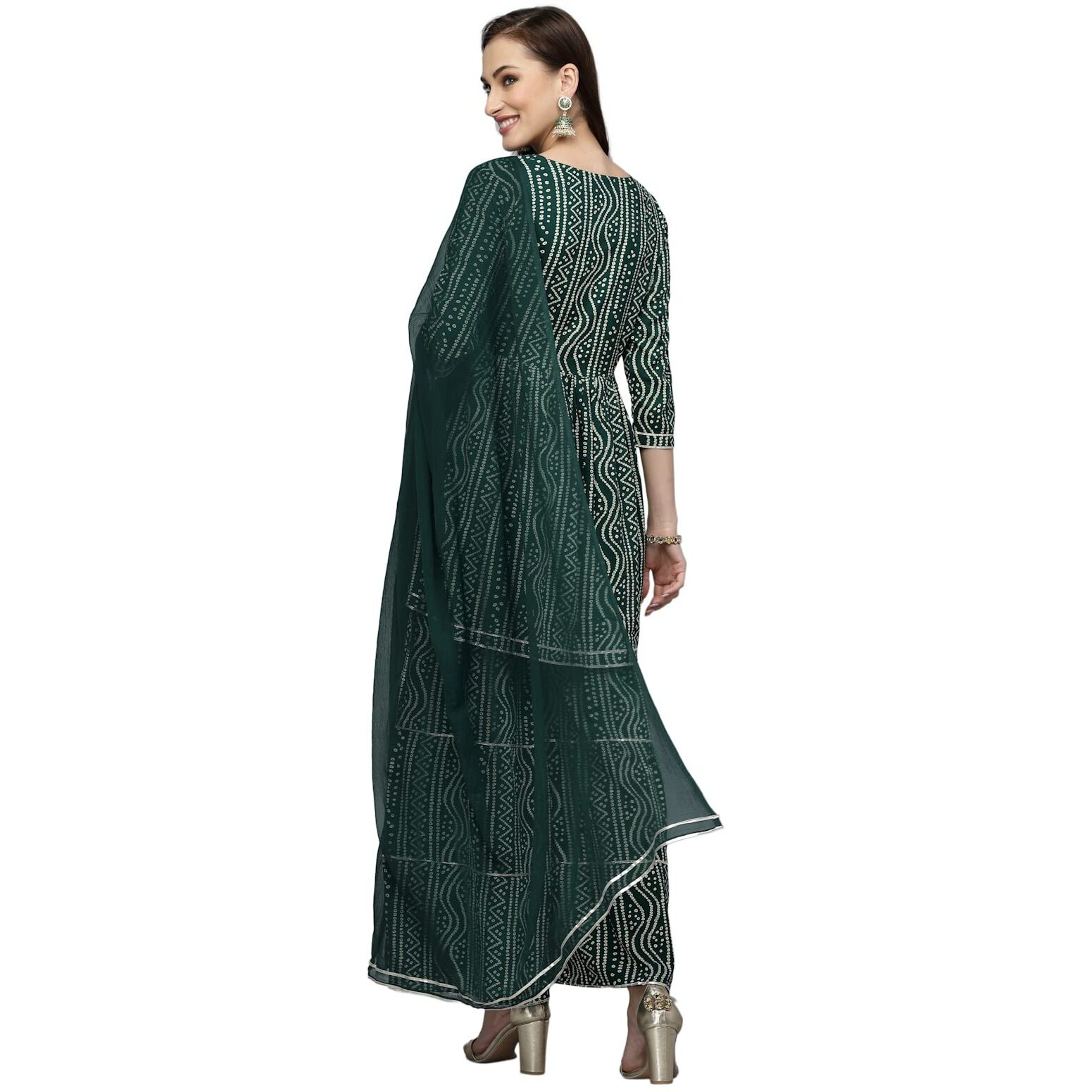 Stylum Women's Bandhej Printed & Embroidered Kurta Sharara Dupatta Set (Ksdgreenberry42_Green, Xl)