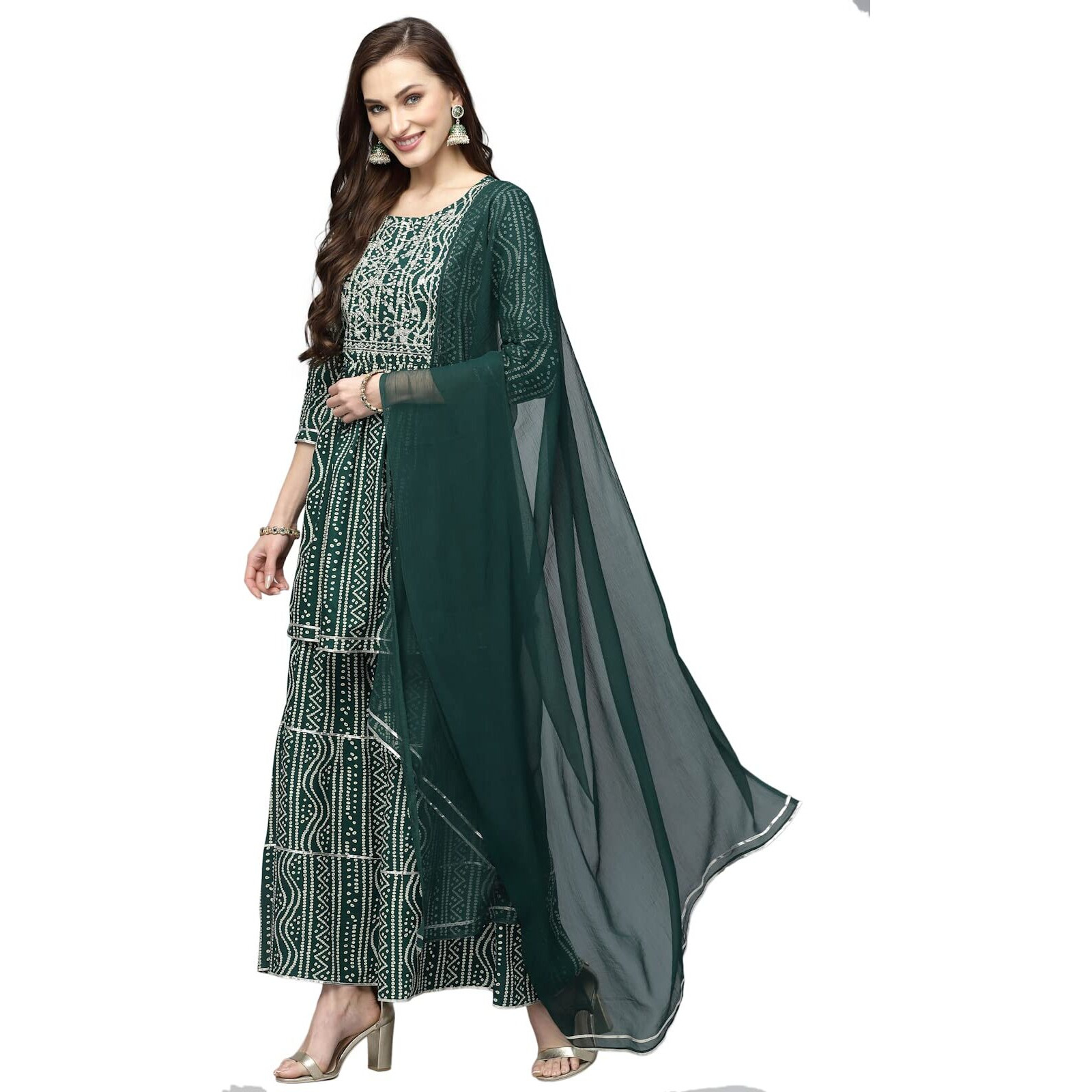 Stylum Women's Bandhej Printed & Embroidered Kurta Sharara Dupatta Set (Ksdgreenberry42_Green, Xl)