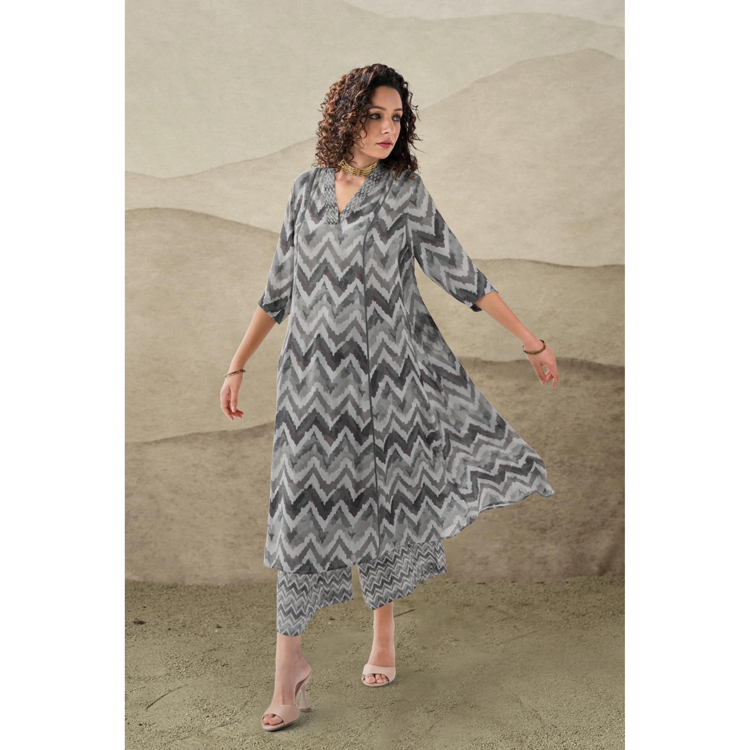 Toochki Co Ord Set For Women | Casual Wear Pant Top Set | Fancy Co-Ord Set | Full Pair Set | Women Kurta Sets Kurtis | Two Piece Co Ord Sets | Coord Sets For Women | Printed Cotton Co Ord Set Grey