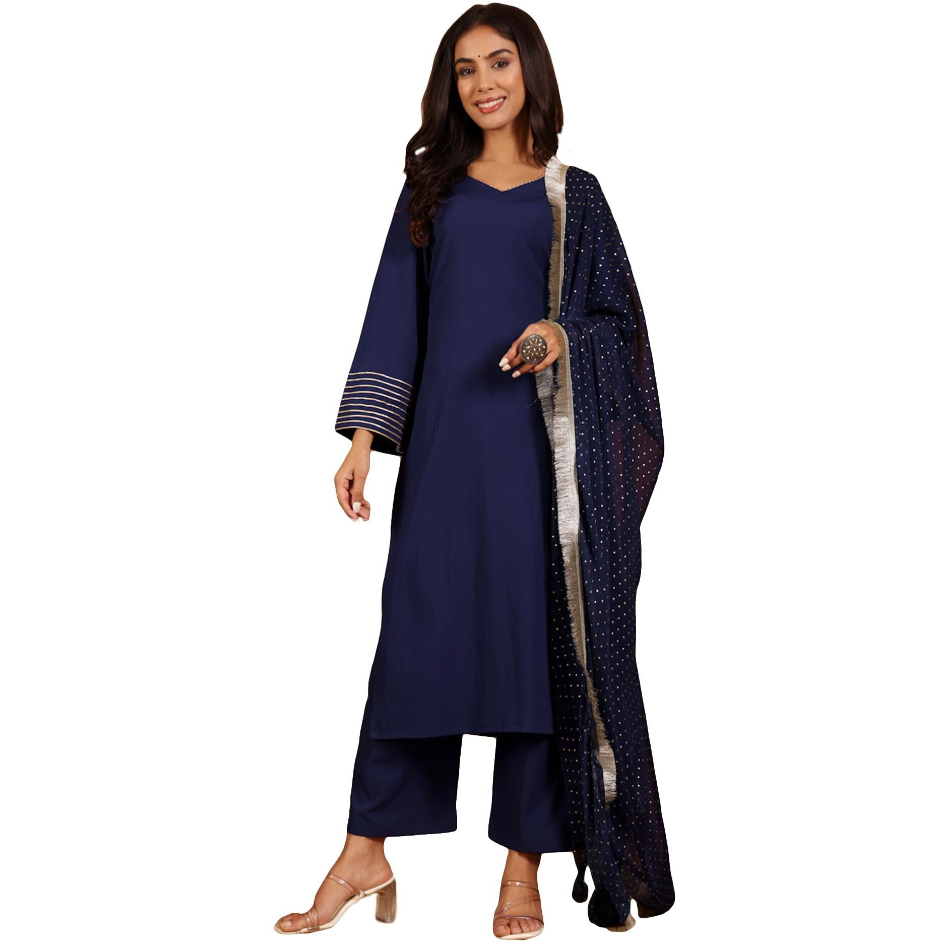 Varanga Solid V-Neck Gota Embellished Straight Kurta Paired With Tonal Bottom And Dupatta Navy Blue