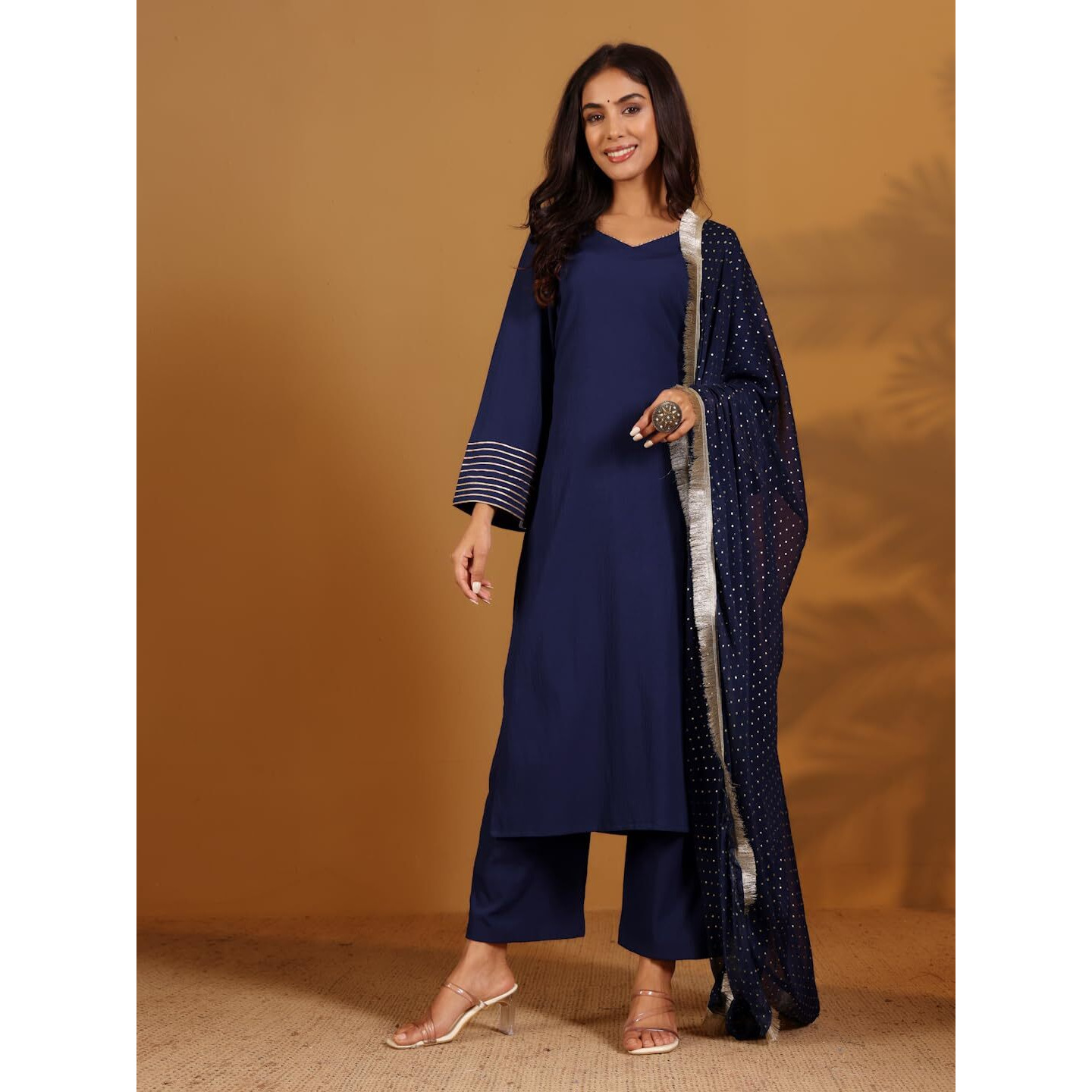 Varanga Solid V-Neck Gota Embellished Straight Kurta Paired With Tonal Bottom And Dupatta Navy Blue