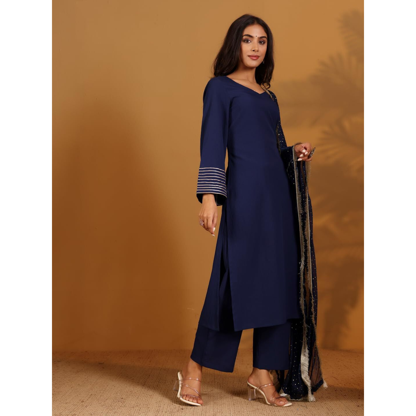 Varanga Solid V-Neck Gota Embellished Straight Kurta Paired With Tonal Bottom And Dupatta Navy Blue