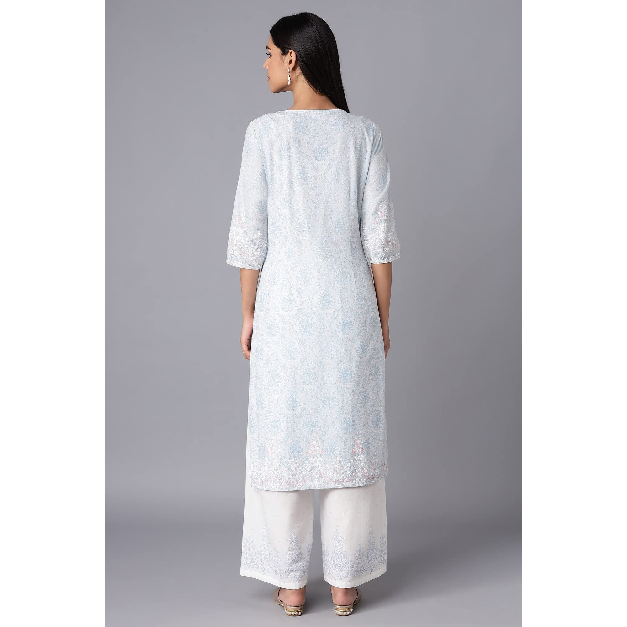 W For Woman Women's Cotton Floral Regular Kurta (22Few17511-118082_Light Blue_Xs)
