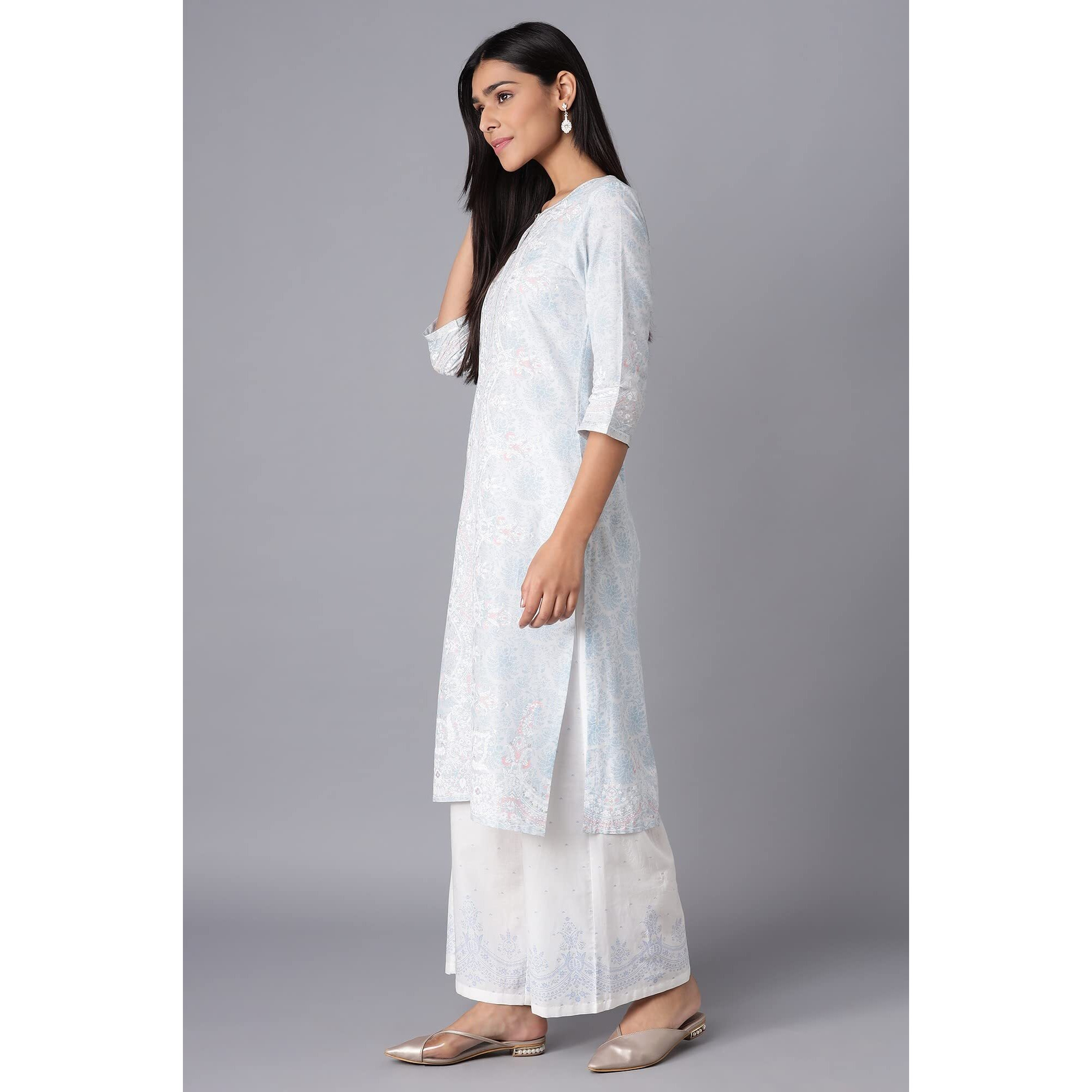W For Woman Women's Cotton Floral Regular Kurta (22Few17511-118082_Light Blue_Xs)