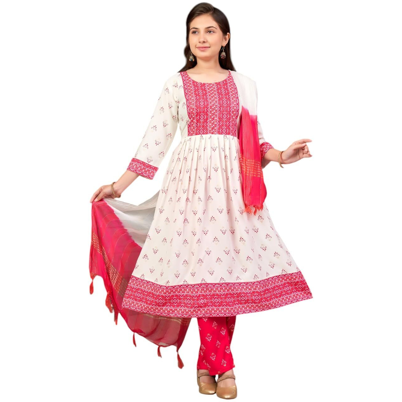 Aarika Girls Ethnic Wear Cream Rani Colour Foil Print Rayon Kurti-8-15 Years (Kurti-Ap-802)