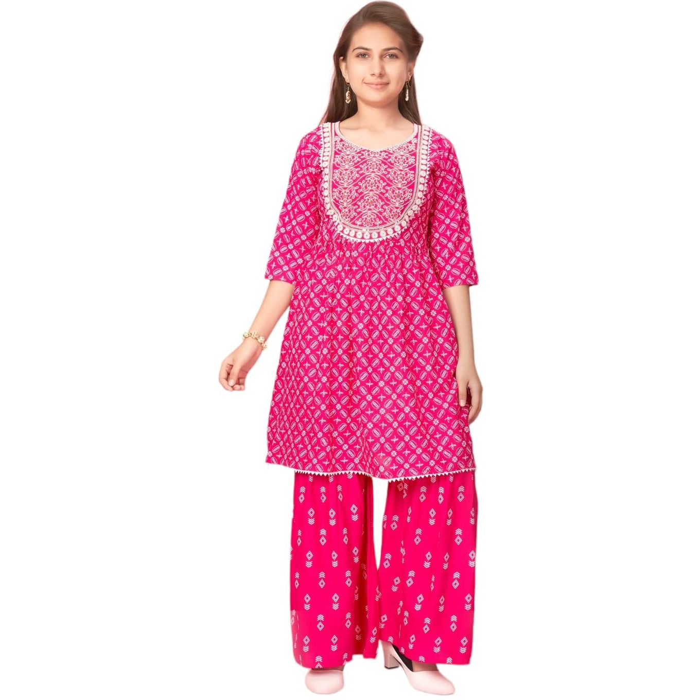 Aarika Girls Rani Colour Cotton Embroidery Kurti Sharara Set (Sh-Ap-C-4-Rani-36)