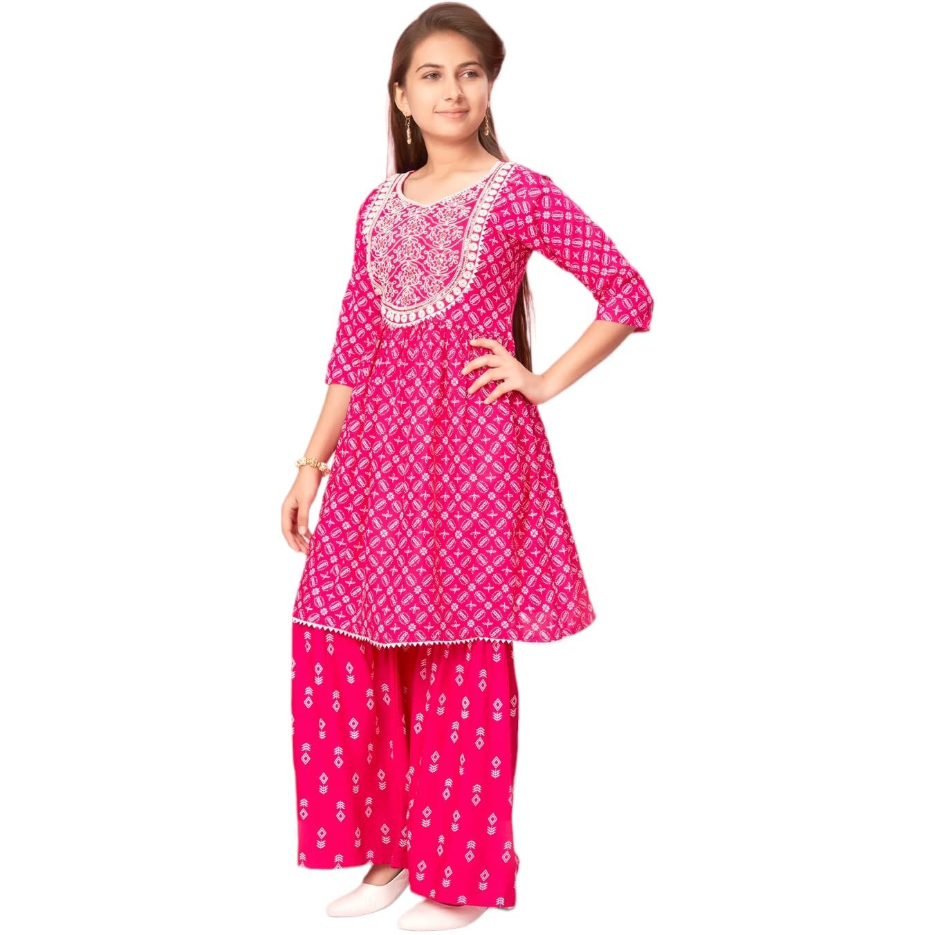 Aarika Girls Rani Colour Cotton Embroidery Kurti Sharara Set (Sh-Ap-C-4-Rani-36)