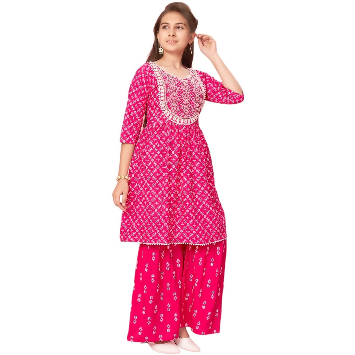 Aarika Girls Rani Colour Cotton Embroidery Kurti Sharara Set (Sh-Ap-C-4-Rani-36)