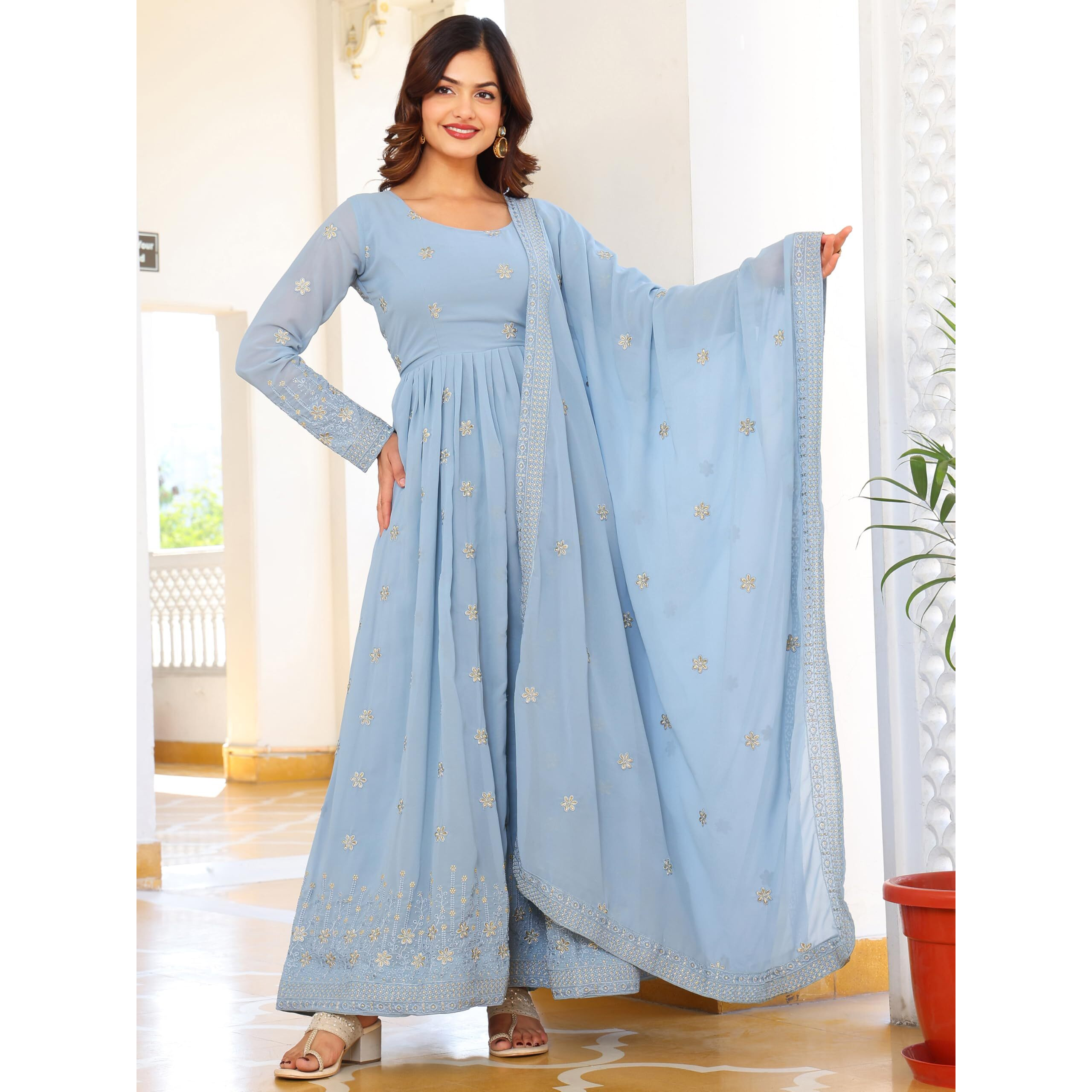 Fashion Basket Georgette Anarkali Kurta For Women Sky Blue