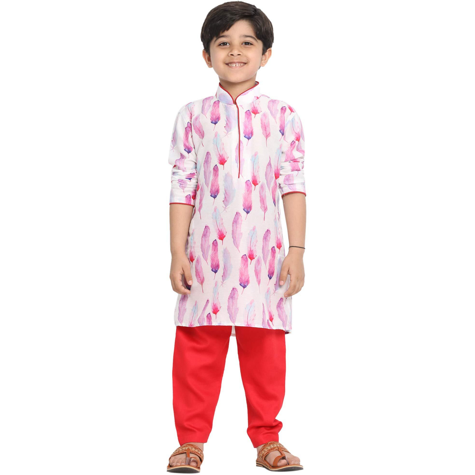 Jbn Creation Boys' Multicolor-Base-White Cotton Blend Kurta And Pyjama Set