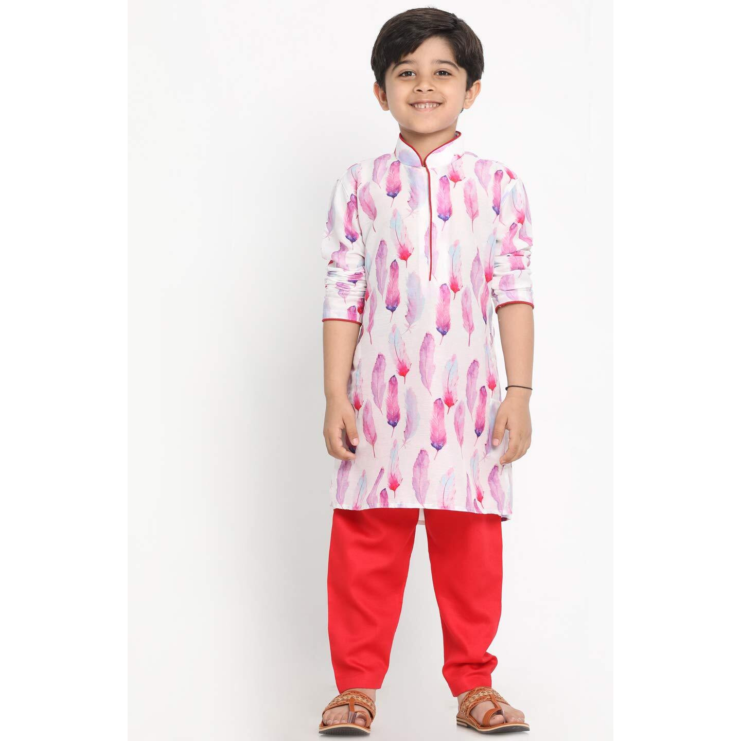 Jbn Creation Boys' Multicolor-Base-White Cotton Blend Kurta And Pyjama Set
