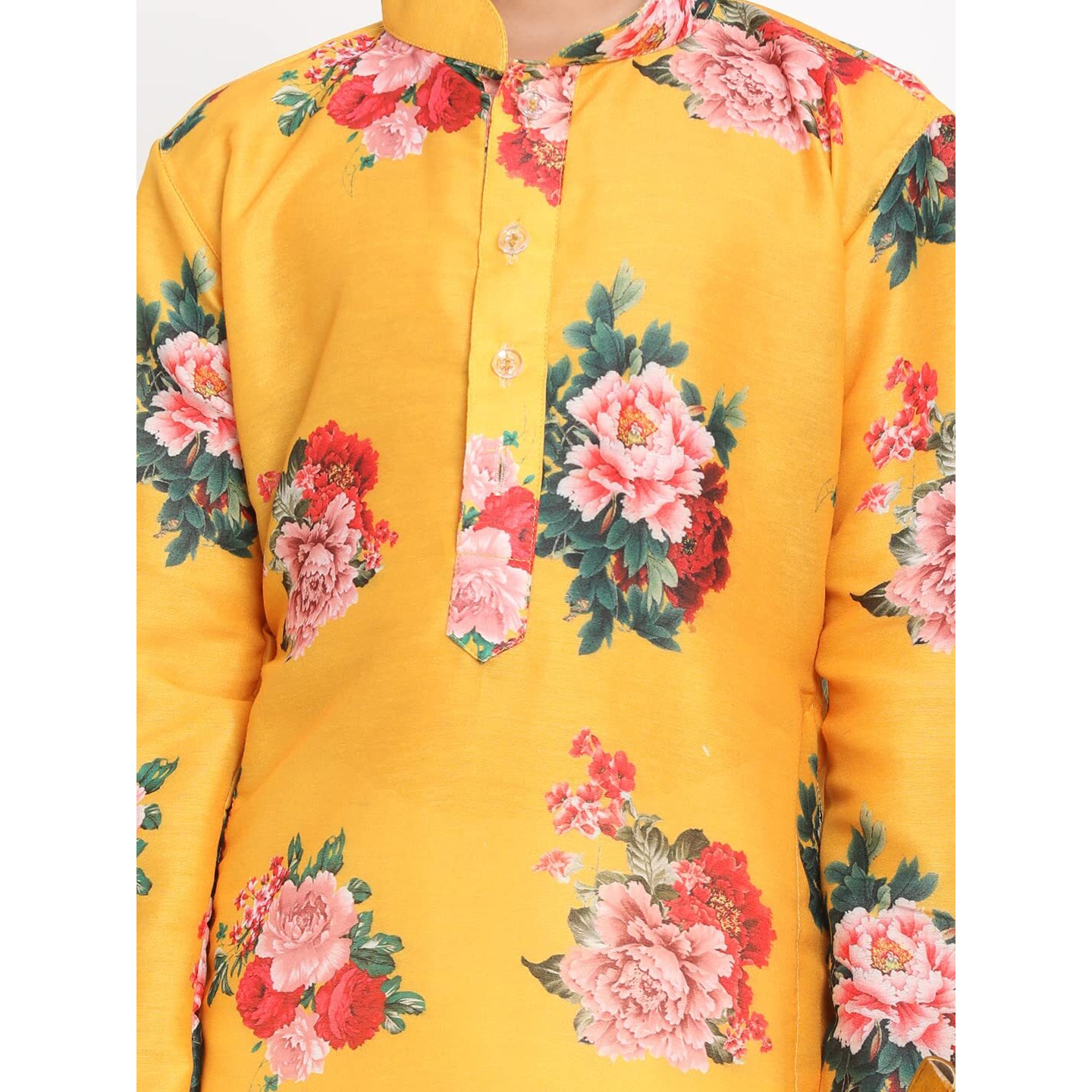 Vastramay Boys Yellow Silk Kurta Dhoti Set For Janmashtami, Rakhi Festival Ethnic Wear With Floral Print