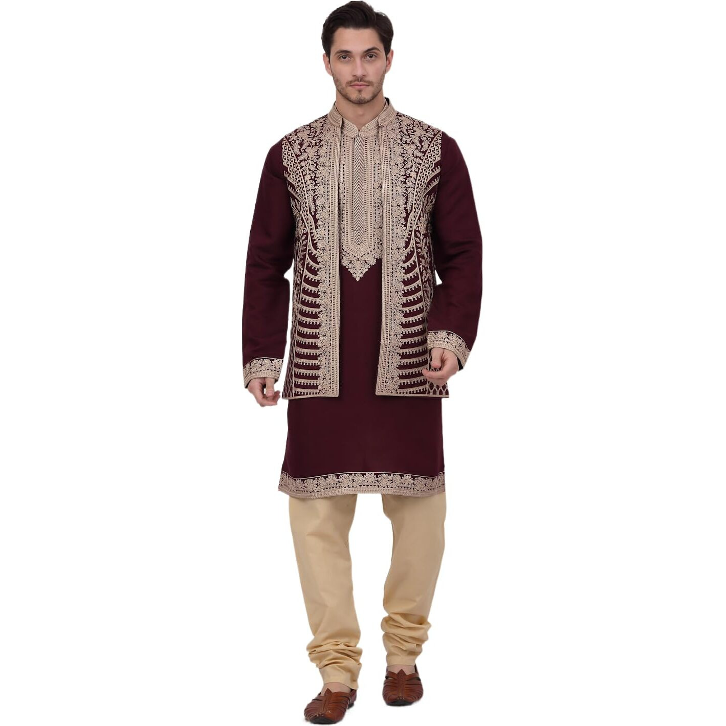 Jompers Men's Maroon Embroidered Waistcoat And Kurta Pyjama. (Maroon, Xxl)