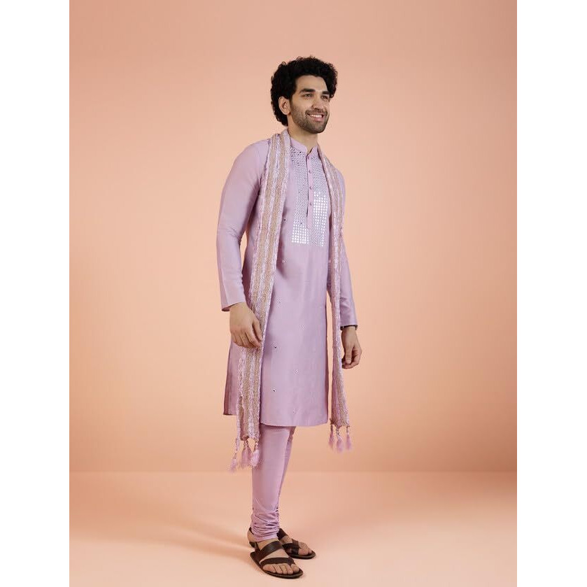 Kisah Men Onion Pink Embellished Kurta Churidar Dupatta Set With Mirror Work, 40